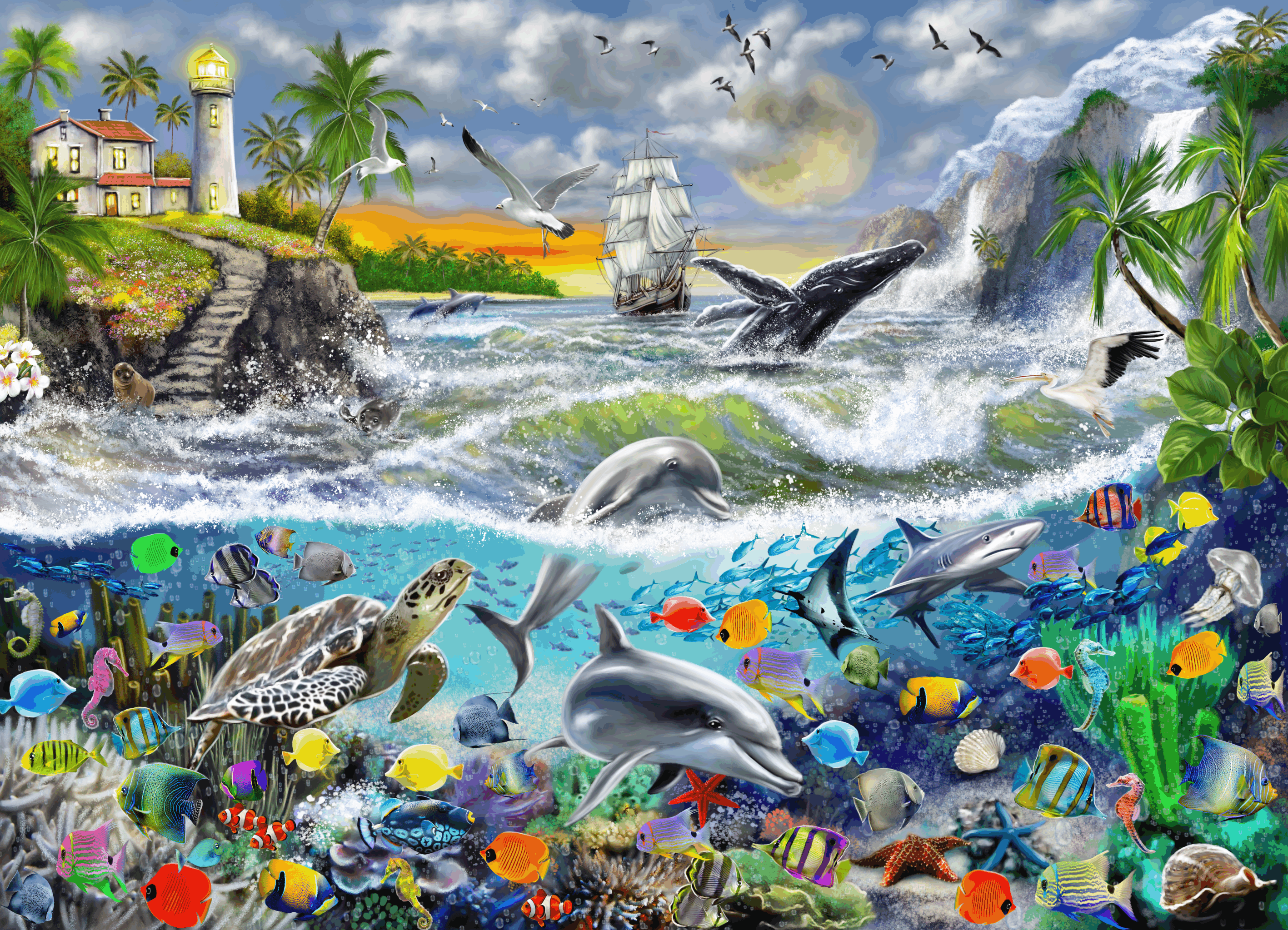 Aquatic Island Puzzles 1000 Piece showcasing vibrant aquatic life with unique puzzle pieces.