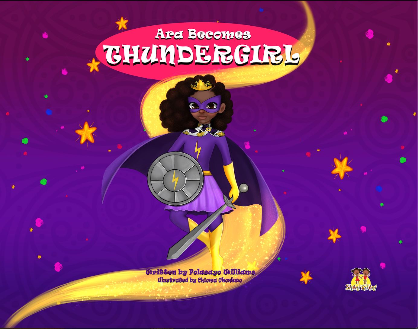 Cover of Ara Becomes Thundergirl featuring a colorful illustration of Ara, a young superhero, showcasing her kindness and confidence.