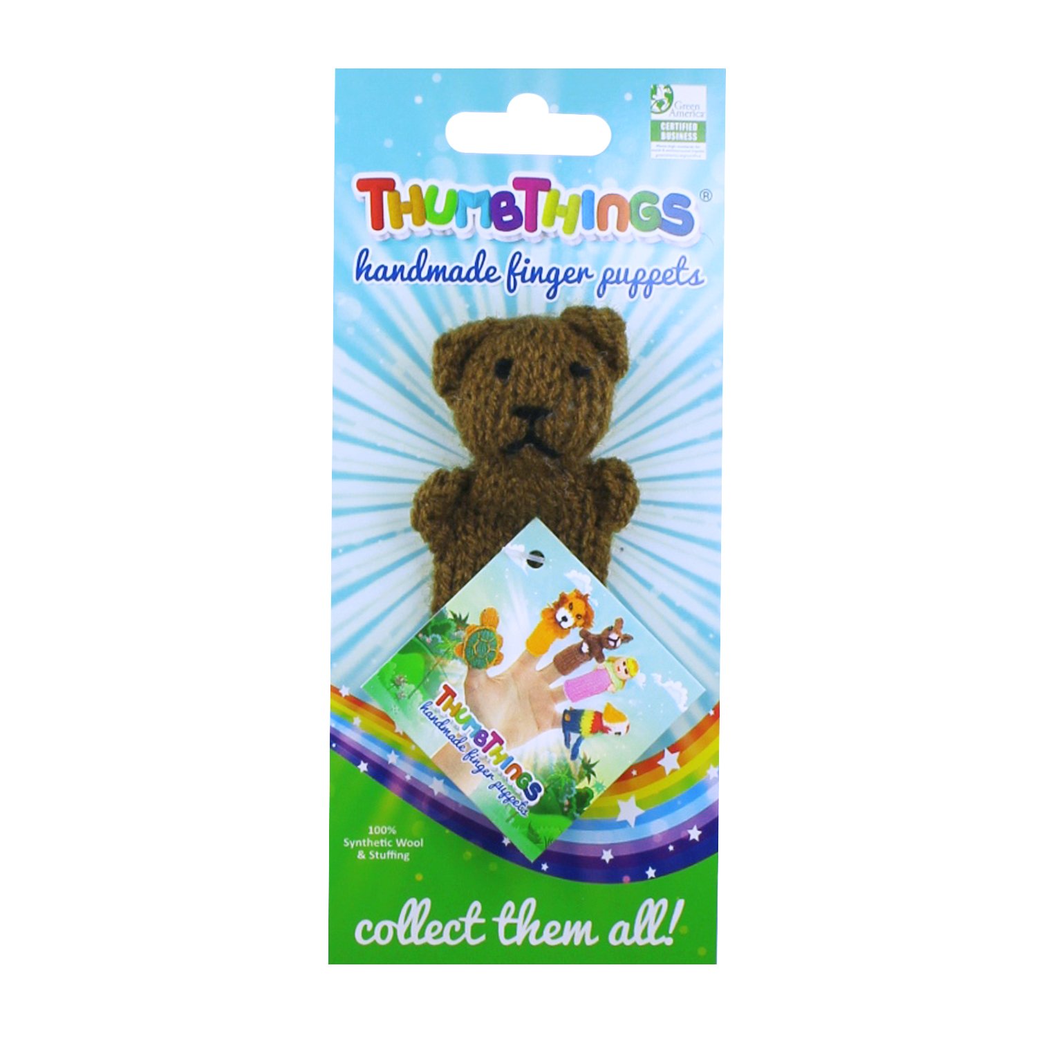 A cute Baby Bear Finger Puppet made from soft synthetic wool, showcasing its handcrafted details and vibrant colors, perfect for imaginative play.