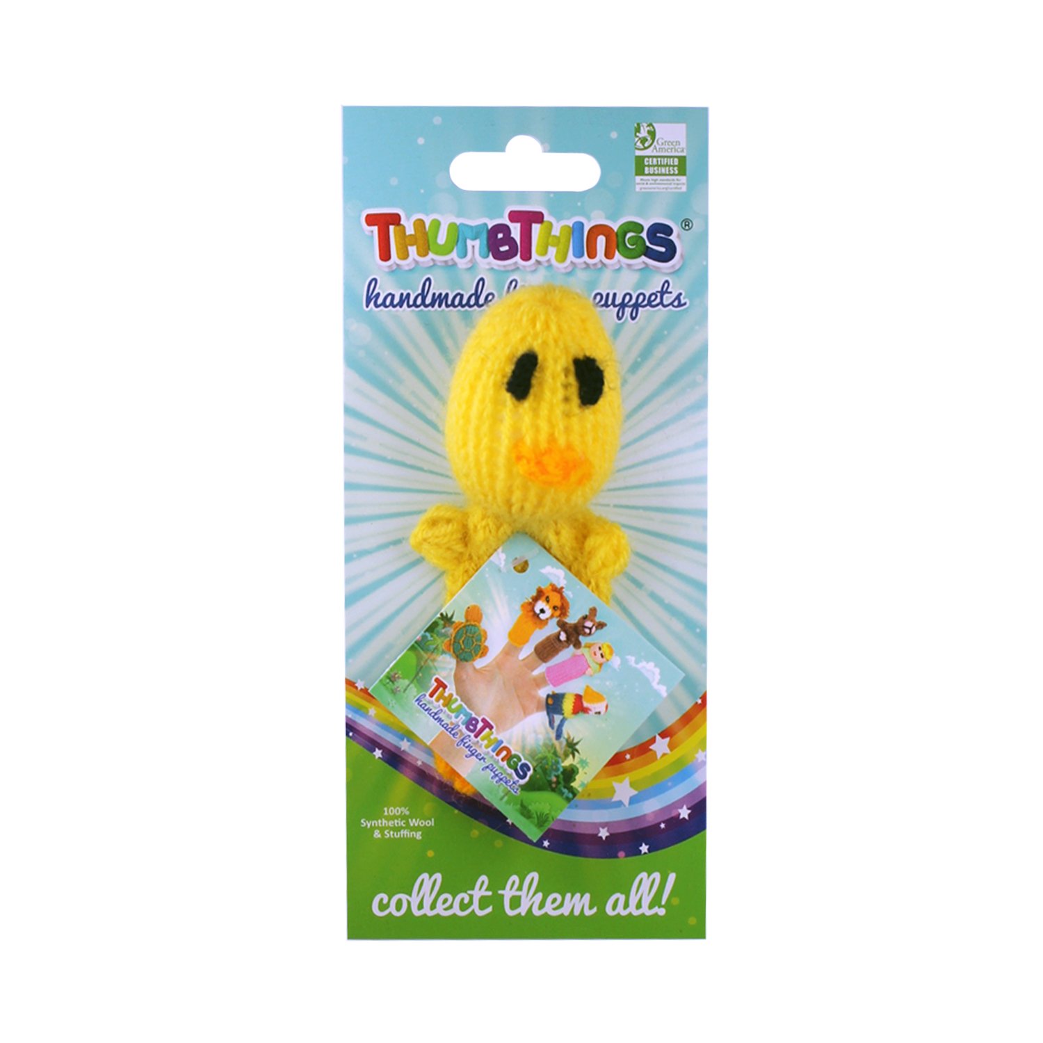 A colorful Baby Chick Finger Puppet handcrafted by Peruvian artisans, showcasing unique designs and eco-friendly materials.