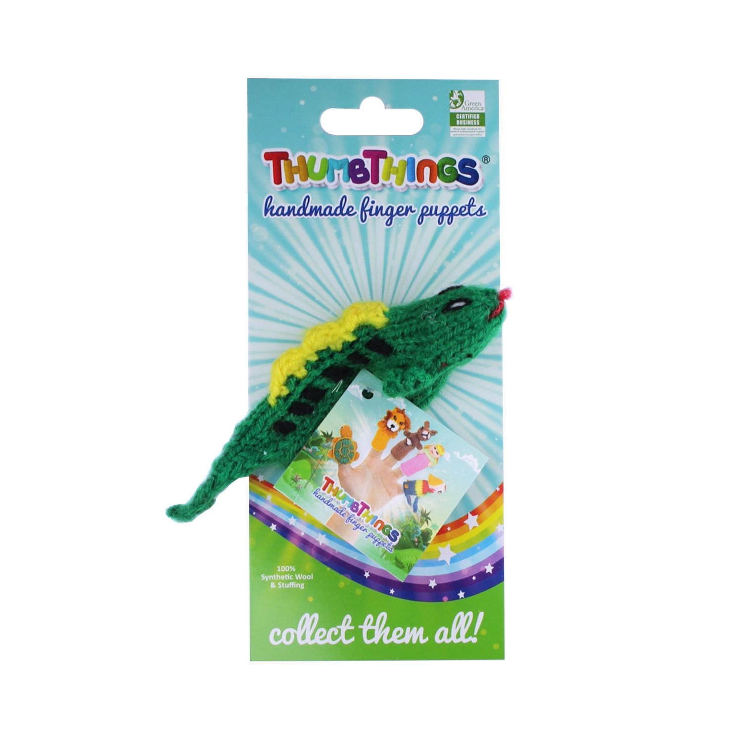 A colorful Baby Dragon Finger Puppet handcrafted from nylon yarn, showcasing unique designs and vibrant colors, perfect for imaginative play.