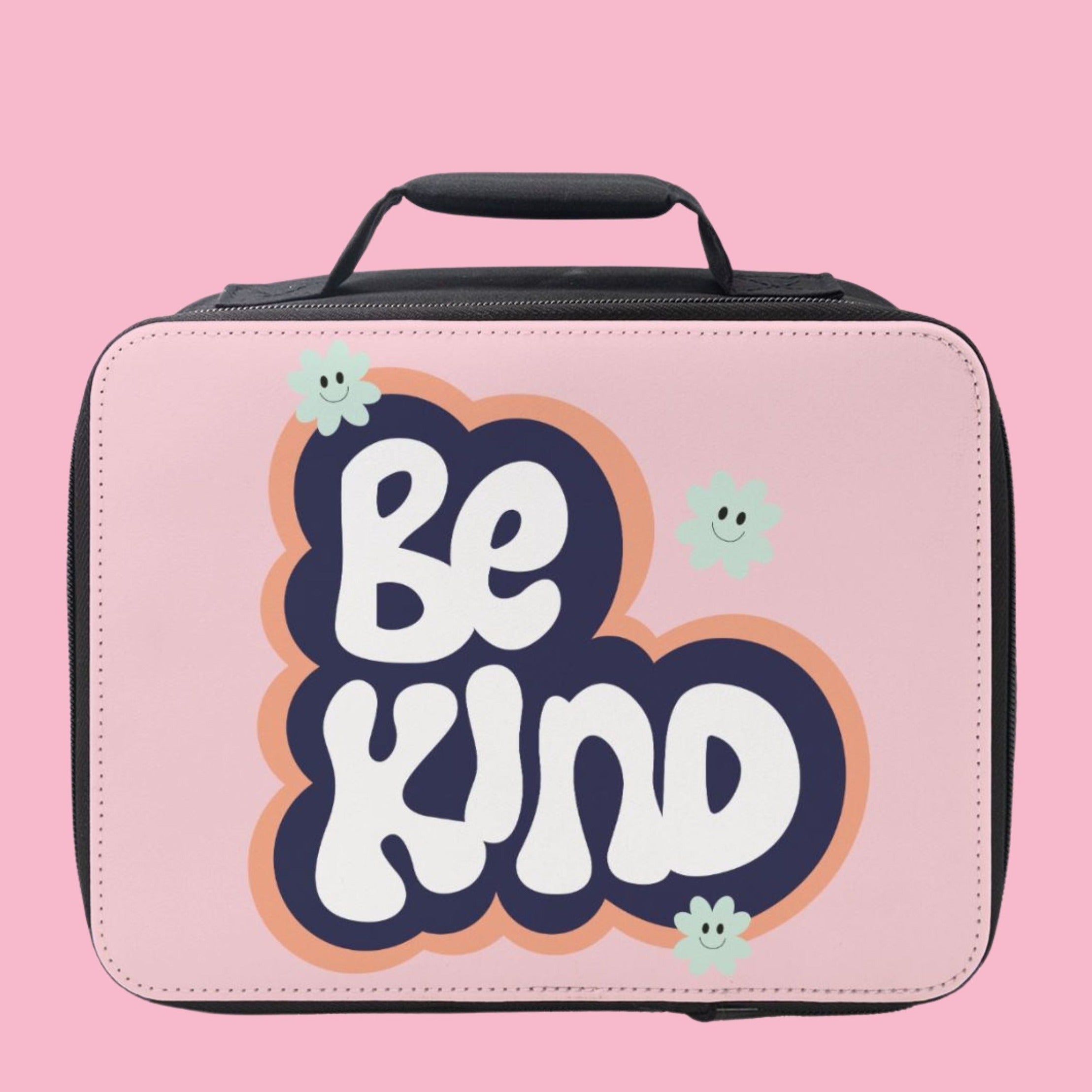 Colorful Be Kind Lunch Box featuring inspiring quotes, designed for girls, with insulated interior and durable fabric.