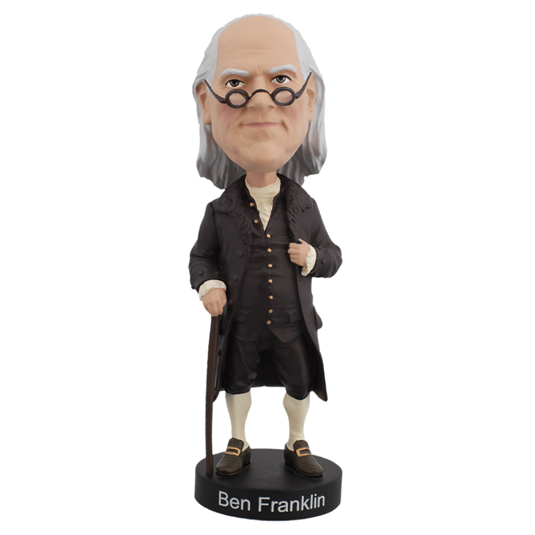 Realistic Benjamin Franklin Bobblehead with detailed features and attire, perfect for collectors.