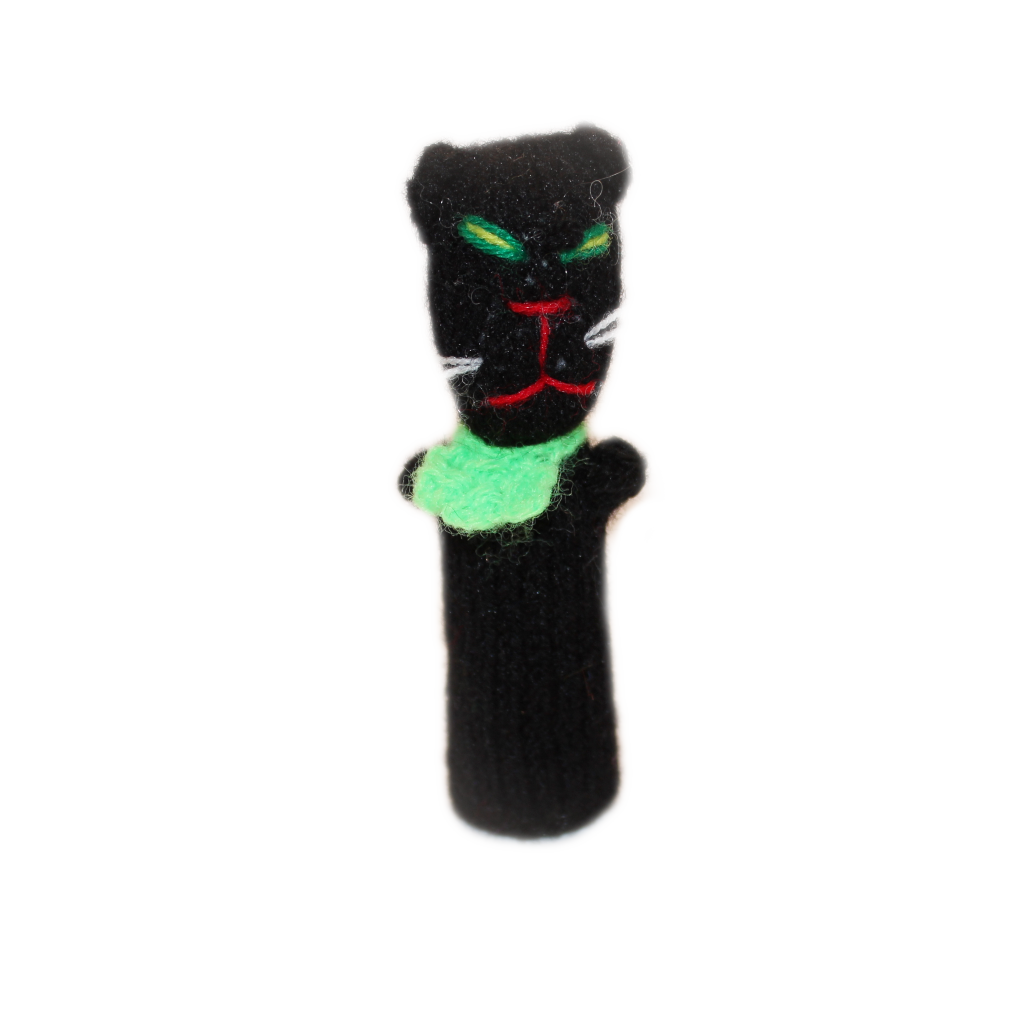 Handcrafted black cat finger puppet with a bow, made from synthetic wool, perfect for imaginative play and storytelling.