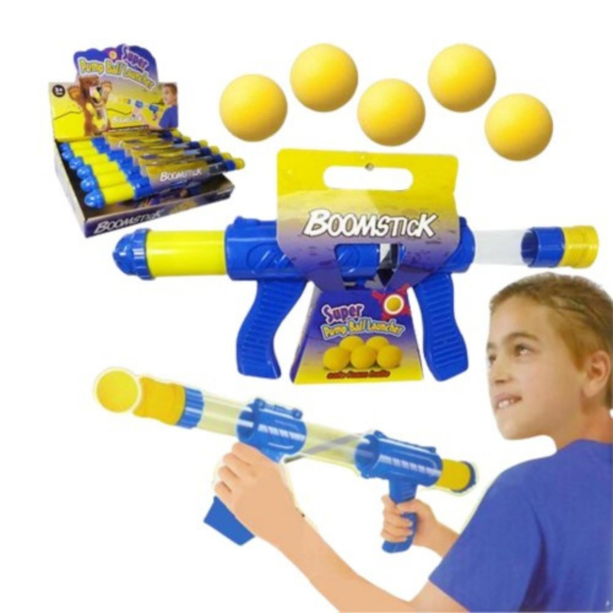 Boomstick Toy Ball Launcher with 6 yellow foam balls, designed for outdoor play and fun for kids.
