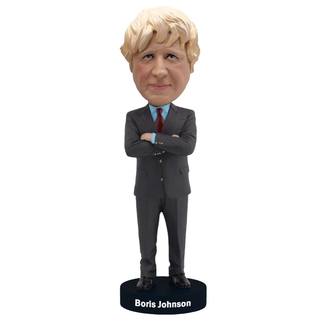 A detailed Boris Johnson bobblehead featuring his iconic hairstyle and expressive face, perfect for collectors.