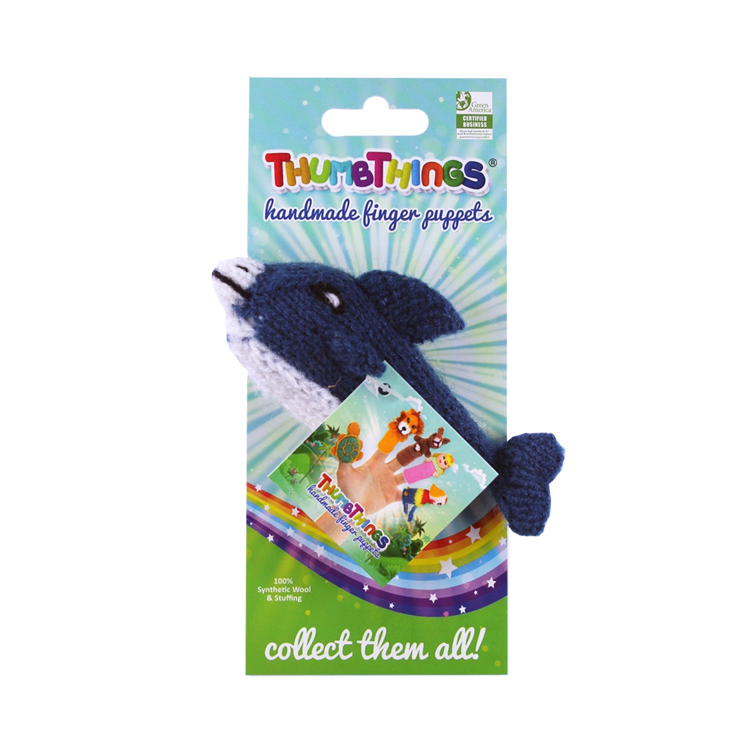 Handcrafted Bottle-Nose Dolphin finger puppet made from eco-friendly materials, showcasing vibrant colors and unique design, perfect for imaginative play.