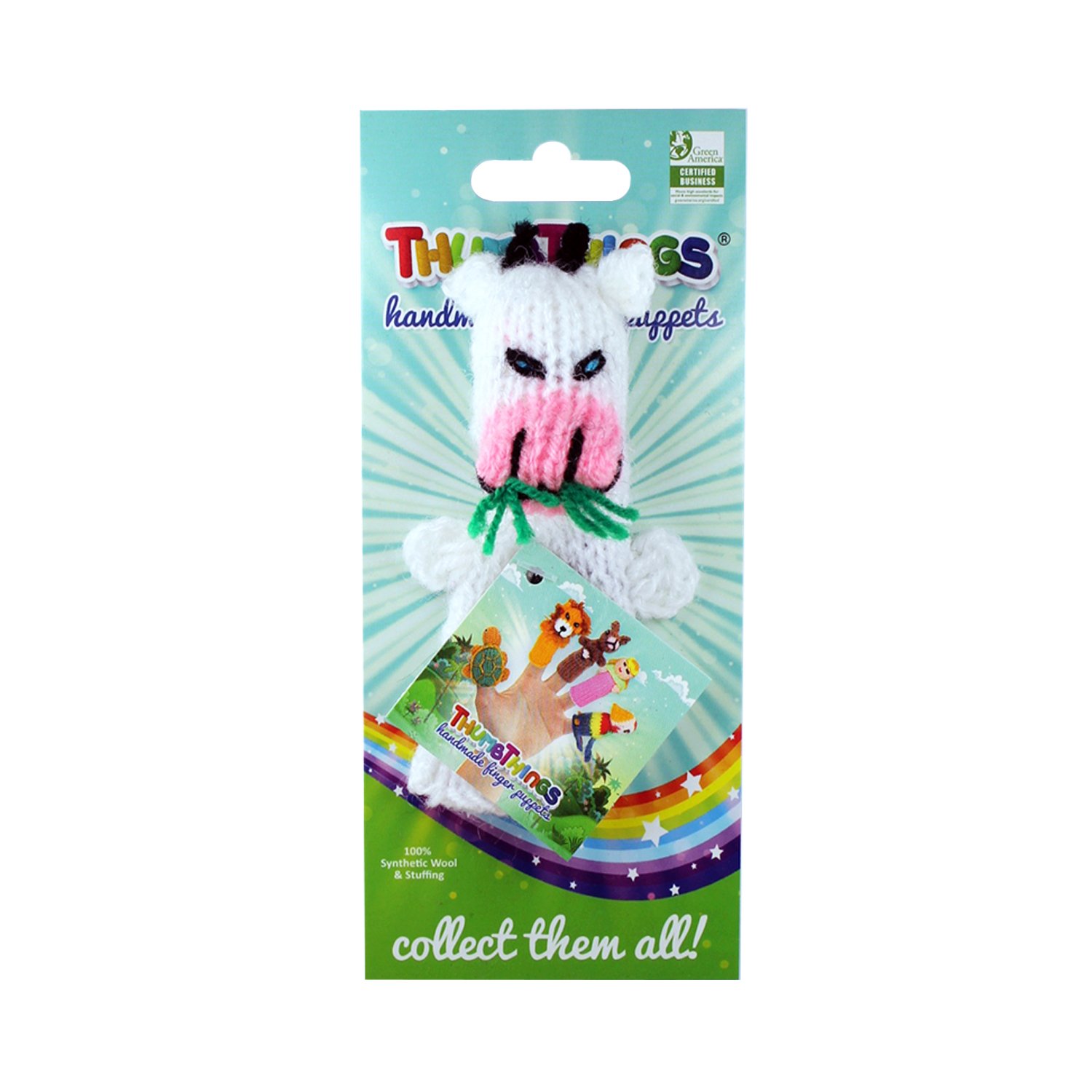 Handmade Bovine Cow Finger Puppet crafted by Peruvian artisans, showcasing vibrant colors and unique design.