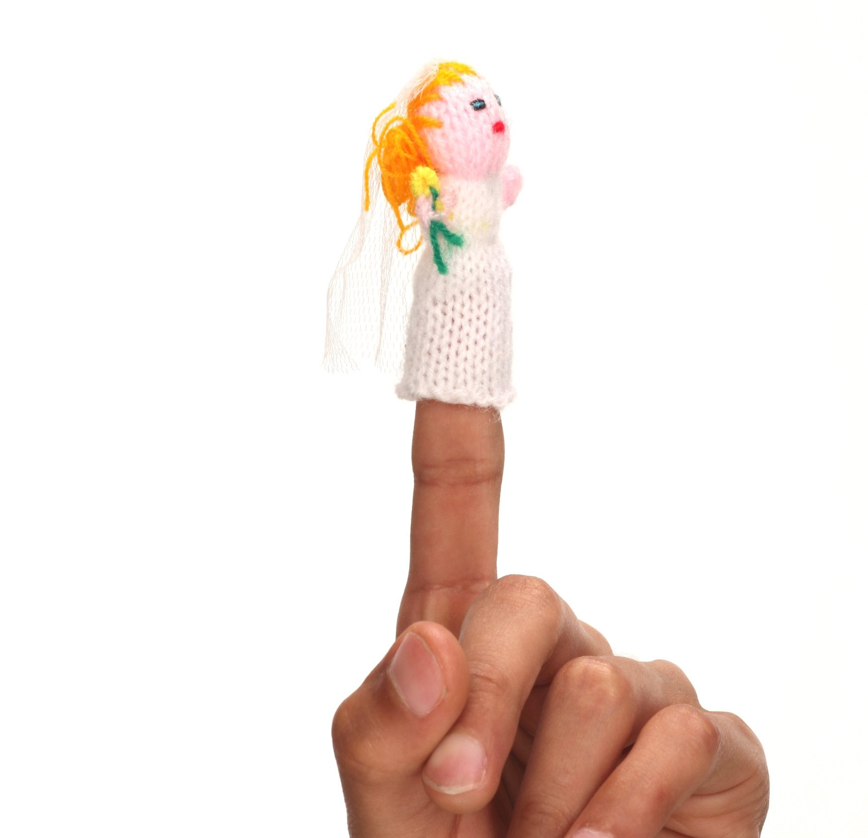 Handcrafted Bride Finger Puppet made from synthetic wool, featuring a charming design perfect for imaginative play.