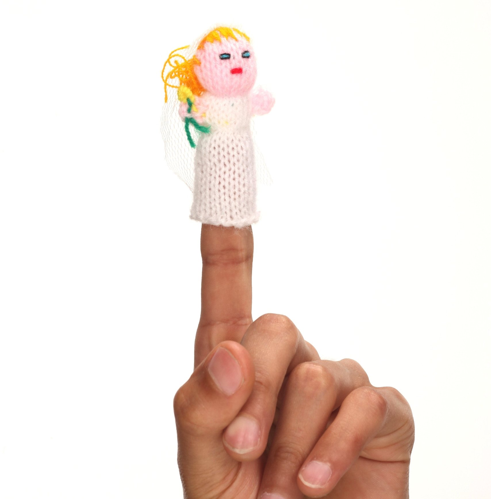 Handcrafted Bride Finger Puppet made from synthetic wool, featuring a charming design perfect for imaginative play.