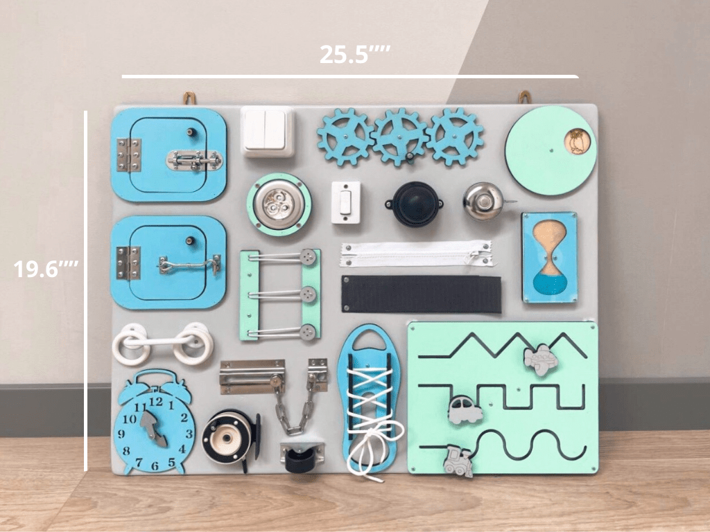 Busy Board MAXI in blue-mint color featuring various engaging activities for toddlers, designed to enhance motor skills and creativity.