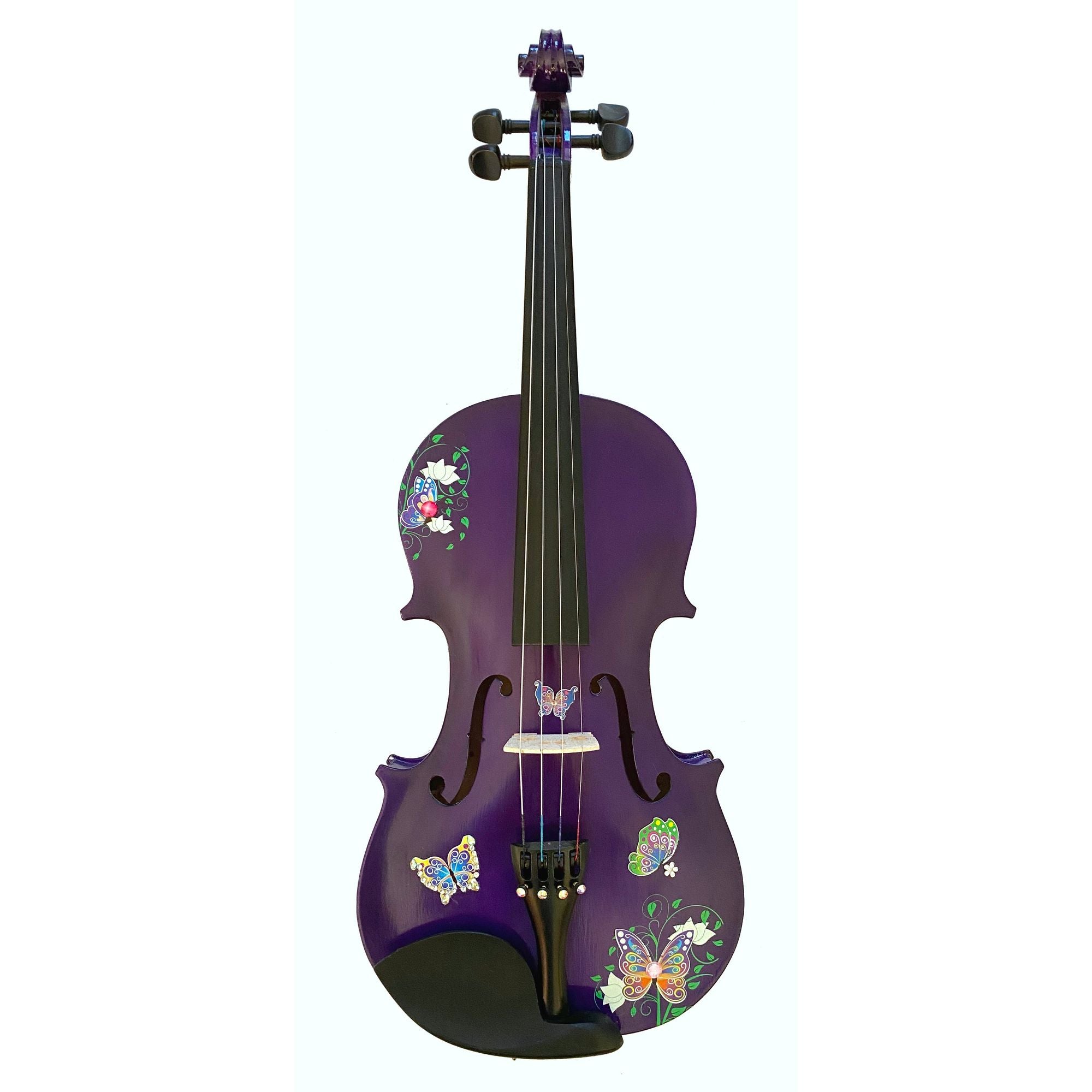 Butterfly Dream Purple Bejeweled Violin showcasing its unique design and craftsmanship with a vibrant purple finish and intricate crystal details.