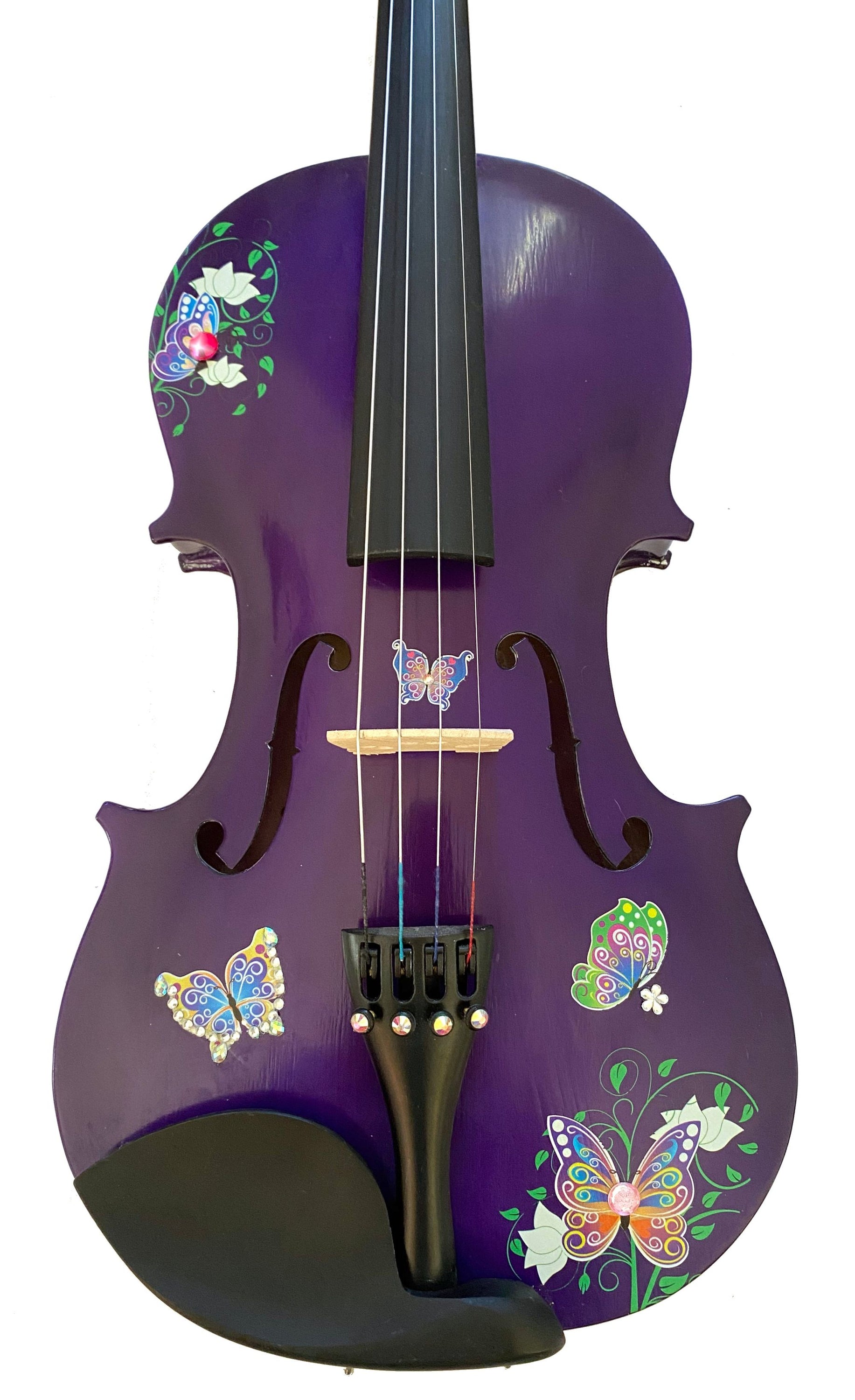 Butterfly Dream Purple Bejeweled Violin showcasing its unique design and craftsmanship with a vibrant purple finish and intricate crystal details.