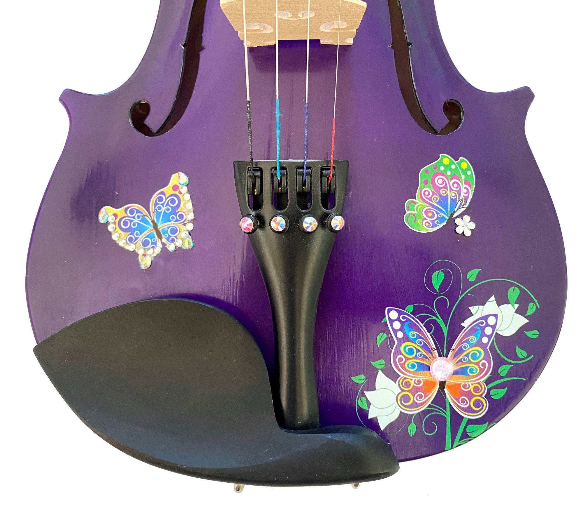 Butterfly Dream Purple Bejeweled Violin showcasing its unique design and craftsmanship with a vibrant purple finish and intricate crystal details.