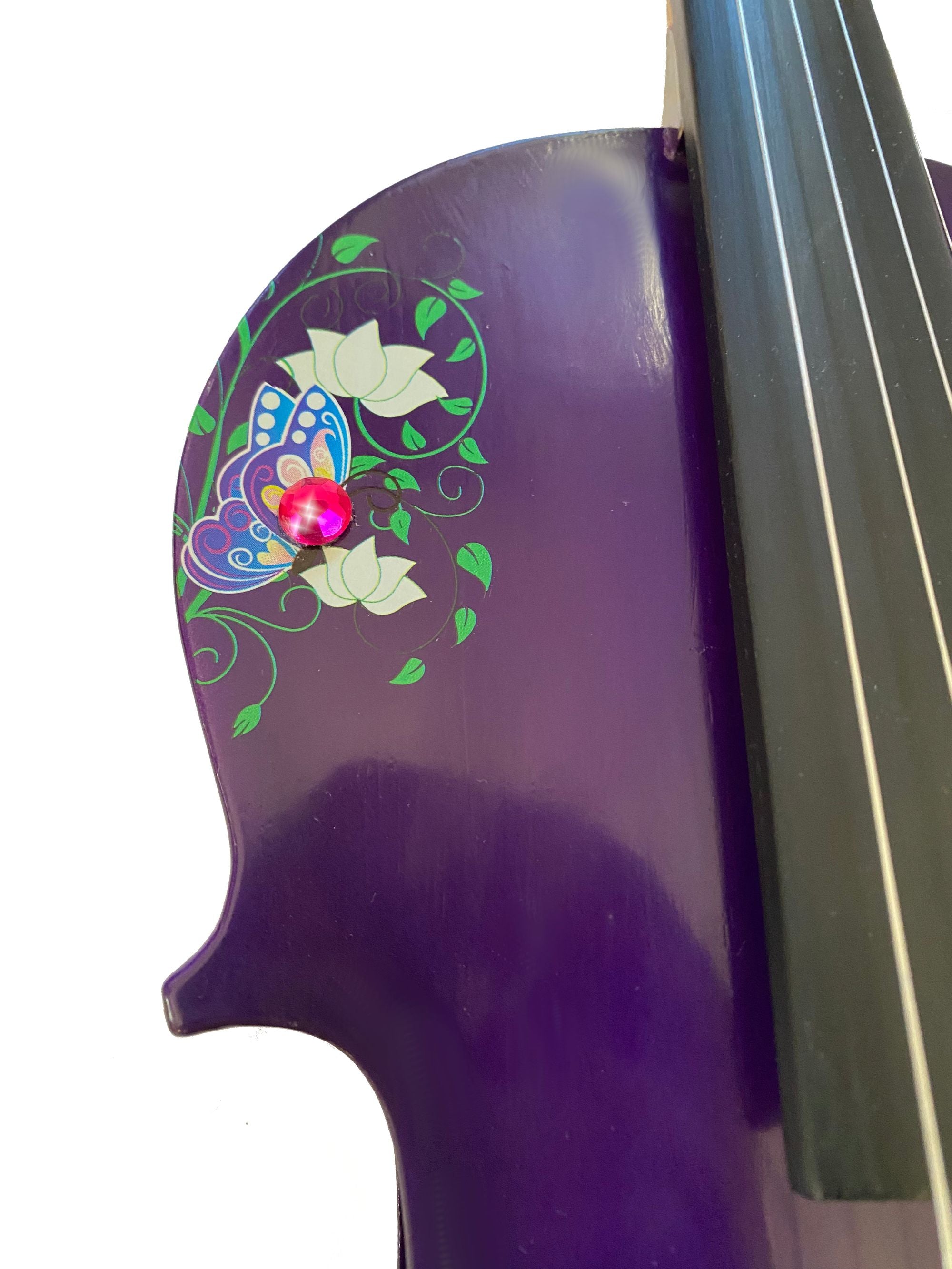 Butterfly Dream Purple Bejeweled Violin showcasing its unique design and craftsmanship with a vibrant purple finish and intricate crystal details.