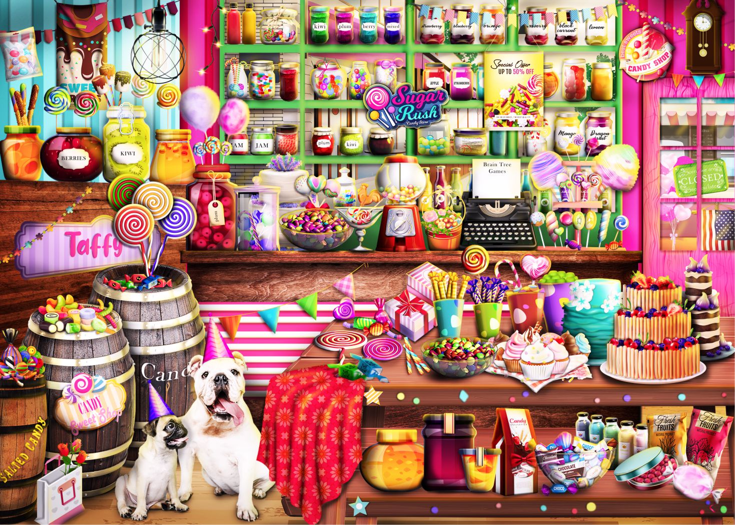 Colorful Candy Shop Jigsaw Puzzle with 1000 unique pieces, showcasing a vibrant candy-themed illustration.