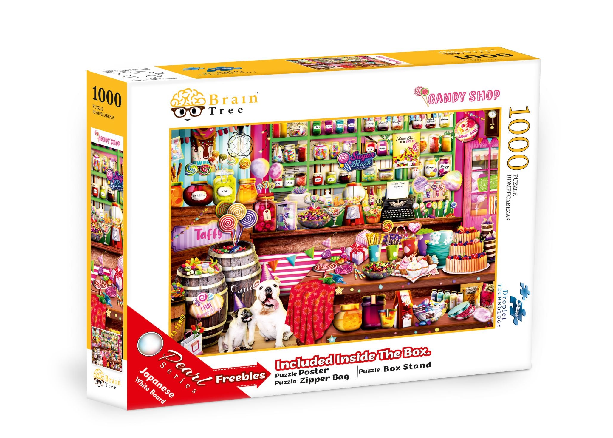 Colorful Candy Shop Jigsaw Puzzle with 1000 unique pieces, showcasing a vibrant candy-themed illustration.