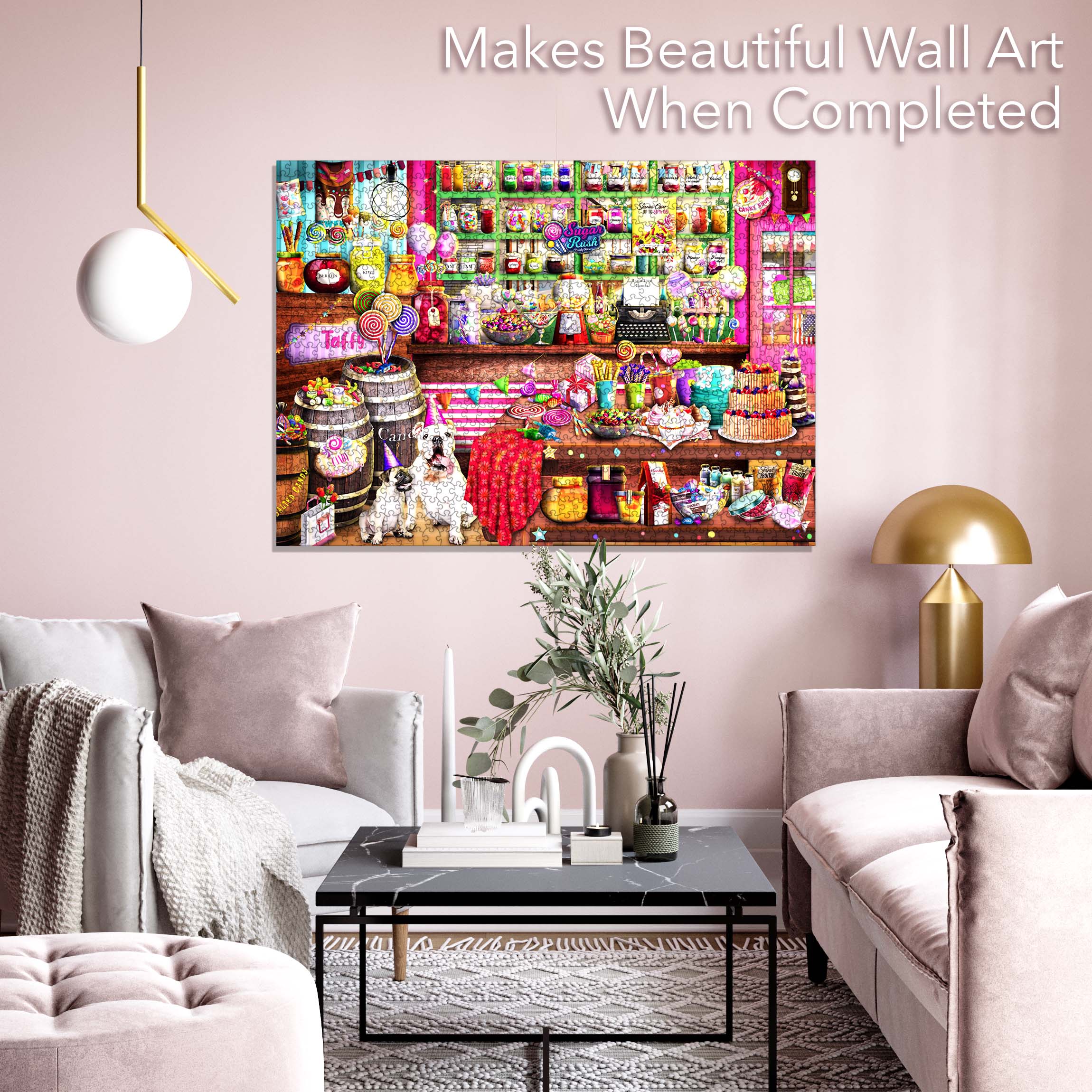 Colorful Candy Shop Jigsaw Puzzle with 1000 unique pieces, showcasing a vibrant candy-themed illustration.