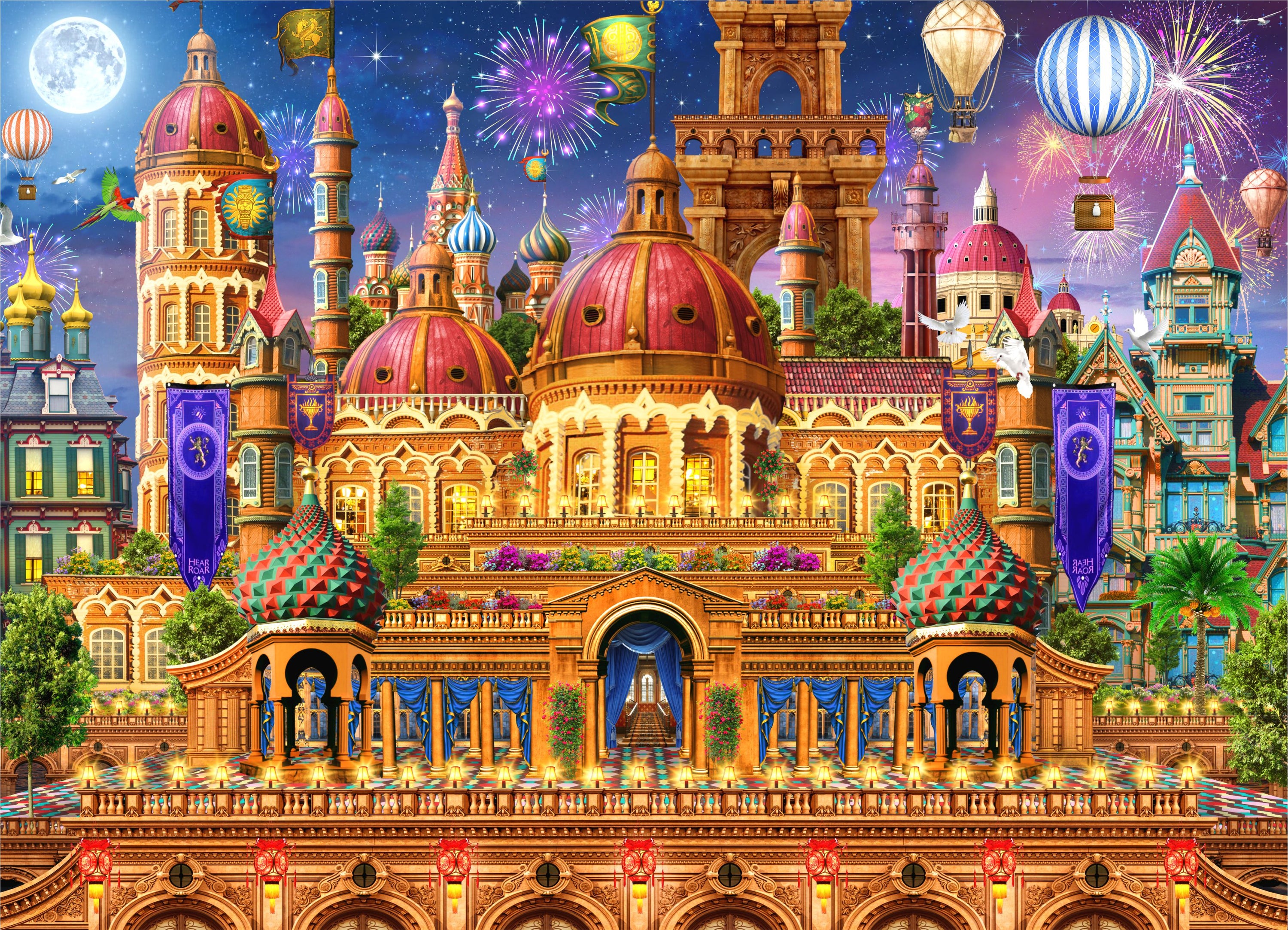 Castle Festival Jigsaw Puzzle featuring a classic castle with colorful fireworks and balloons, showcasing its elegant design and unique pieces.