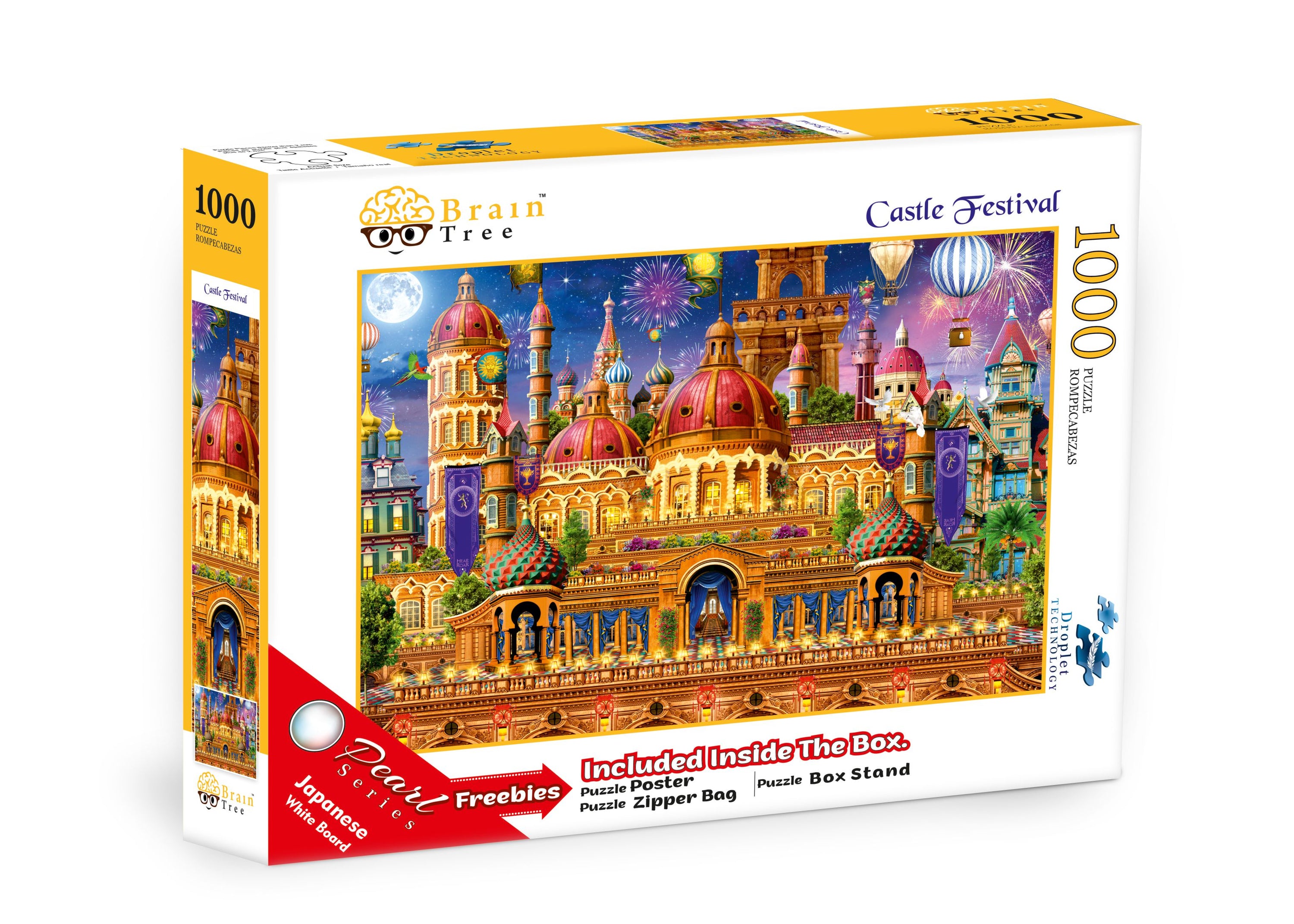 Castle Festival Jigsaw Puzzle featuring a classic castle with colorful fireworks and balloons, showcasing its elegant design and unique pieces.