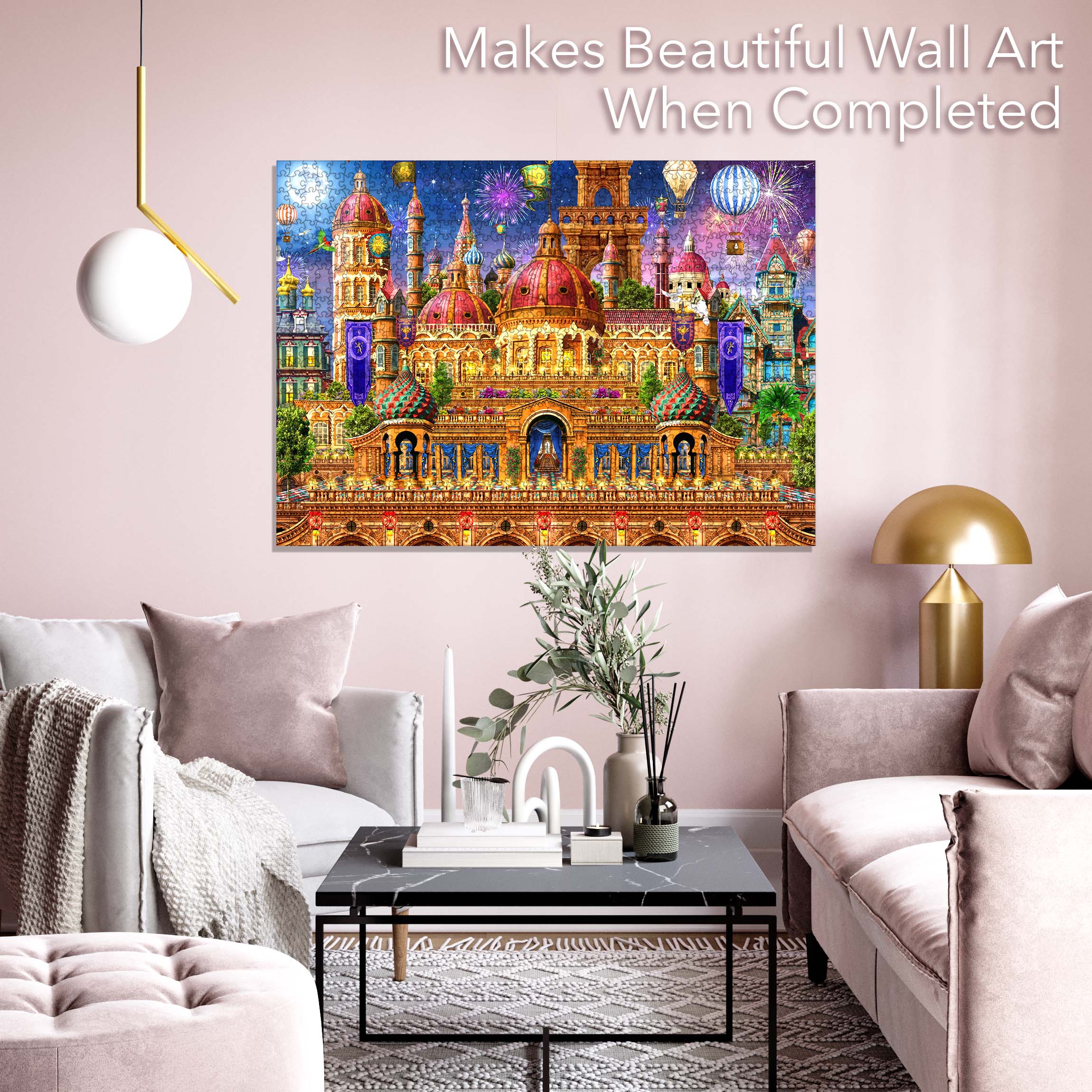 Castle Festival Jigsaw Puzzle featuring a classic castle with colorful fireworks and balloons, showcasing its elegant design and unique pieces.