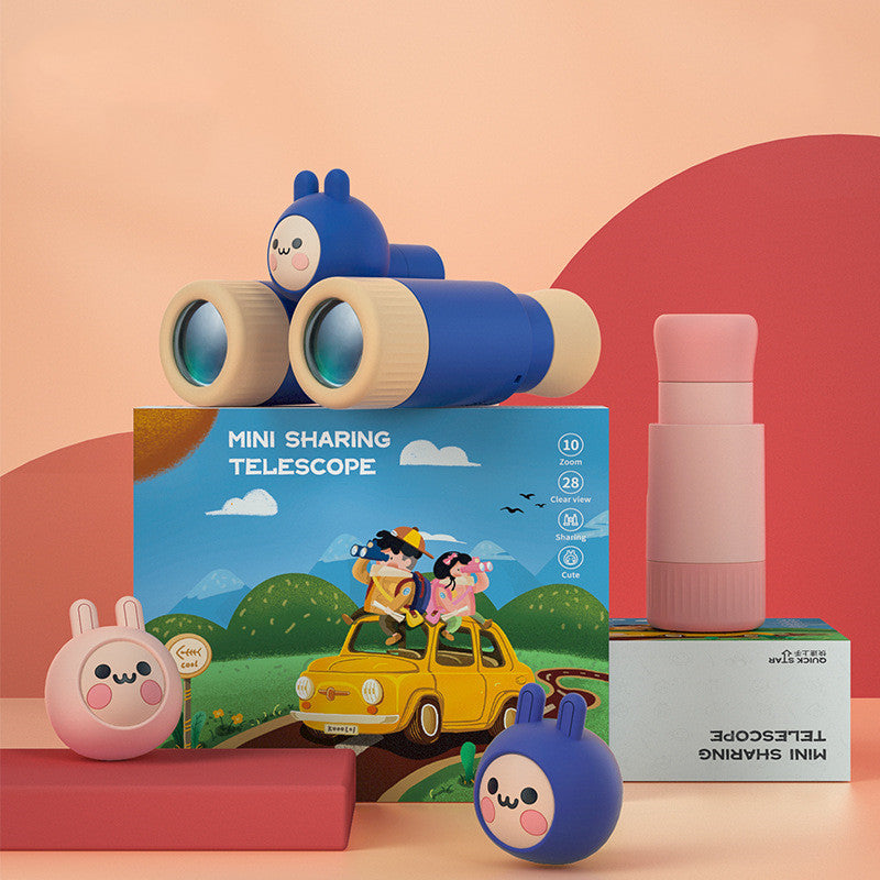 Children's binoculars telescope in pink and blue, featuring adjustable lenses and independent focusing wheels, designed for young explorers.