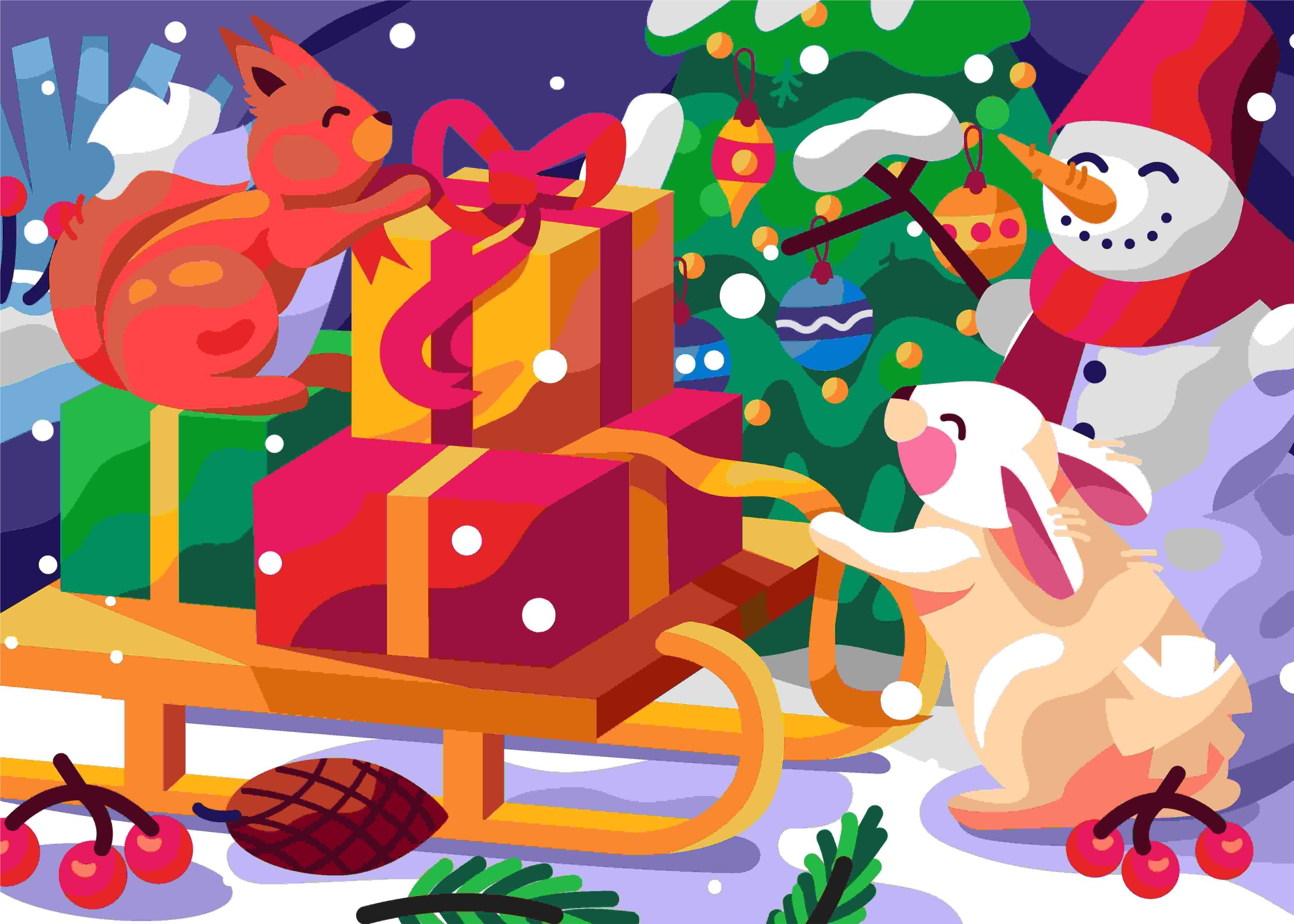 A vibrant 1000 piece Christmas puzzle featuring two curious rabbits joyfully opening gifts, perfect for holiday fun.