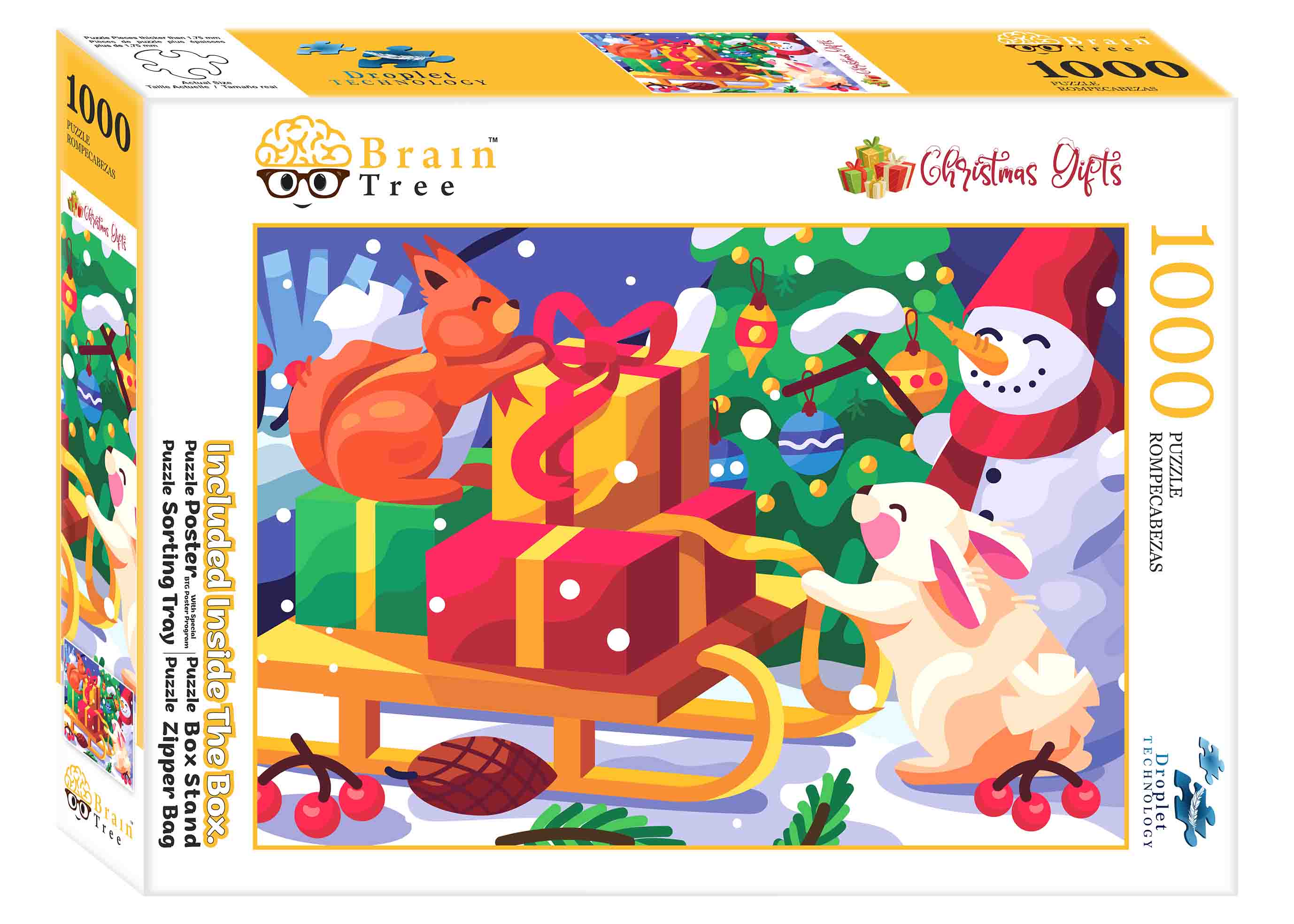 A vibrant 1000 piece Christmas puzzle featuring two curious rabbits joyfully opening gifts, perfect for holiday fun.