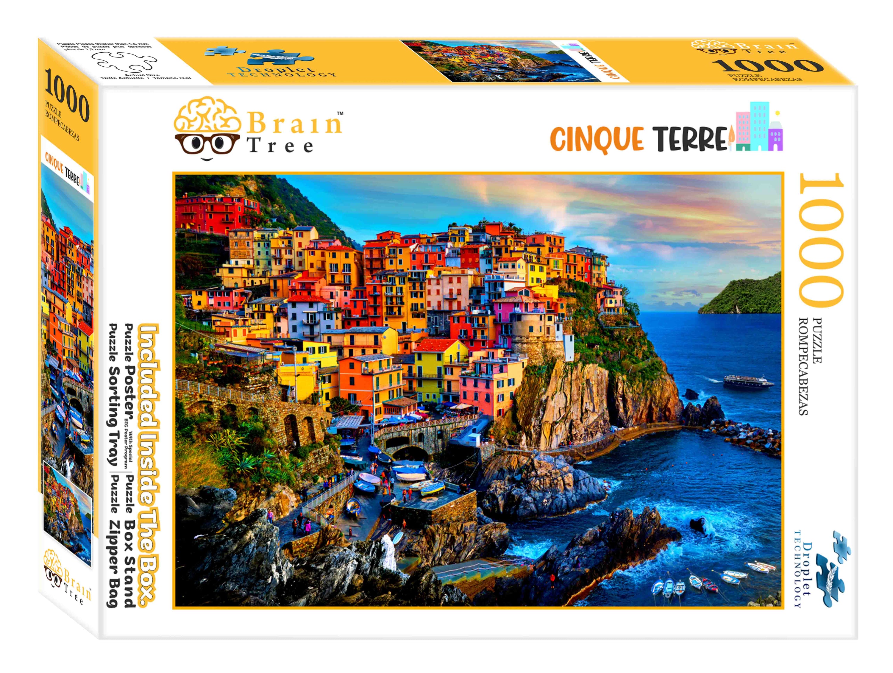 A beautifully crafted 1000-piece Cinque Terre jigsaw puzzle showcasing vibrant Italian coastal scenery.