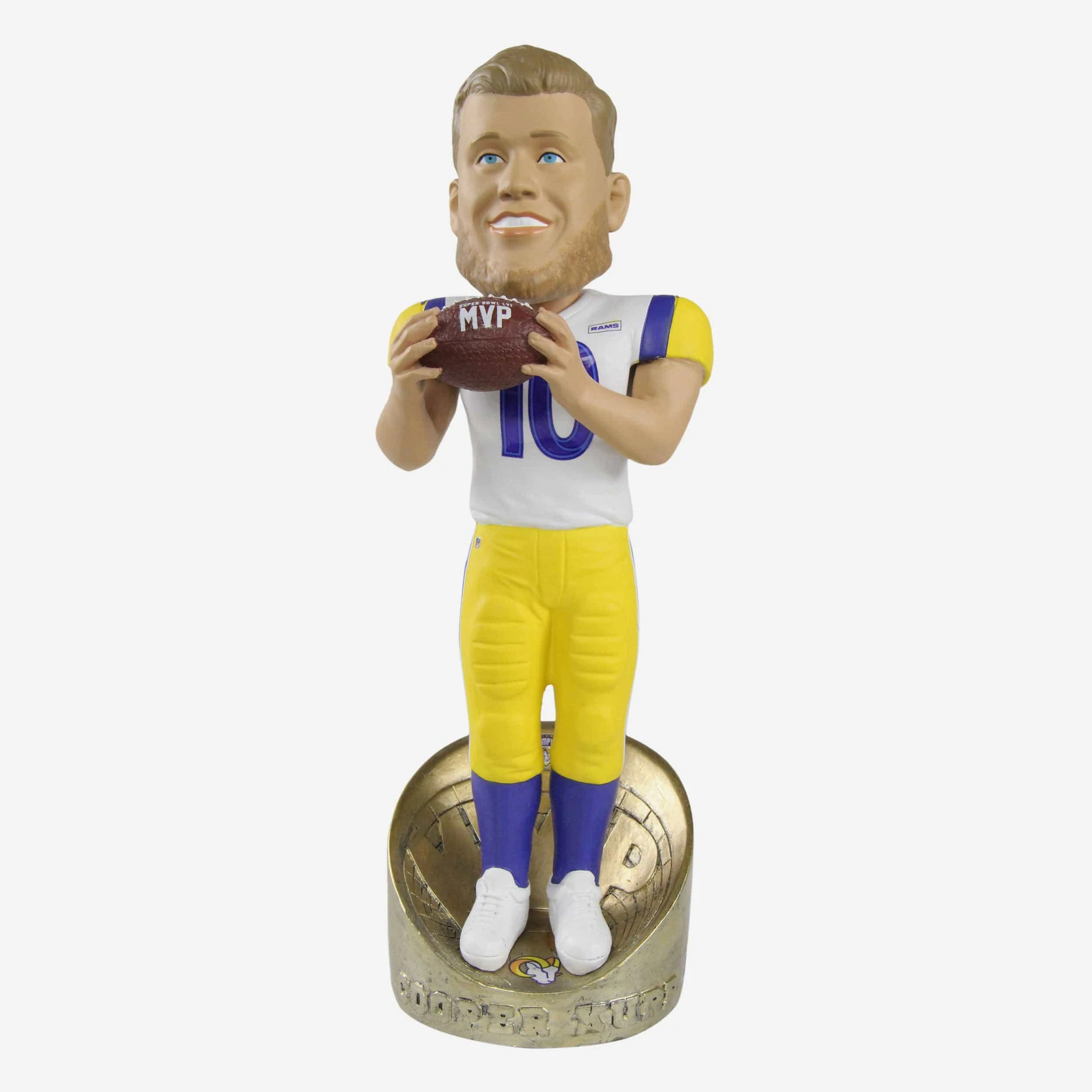 Cooper Kupp Los Angeles Rams Super Bowl LVI Champions MVP Bobblehead, handcrafted and hand-painted, showcasing Kupp in uniform with MVP trophy.
