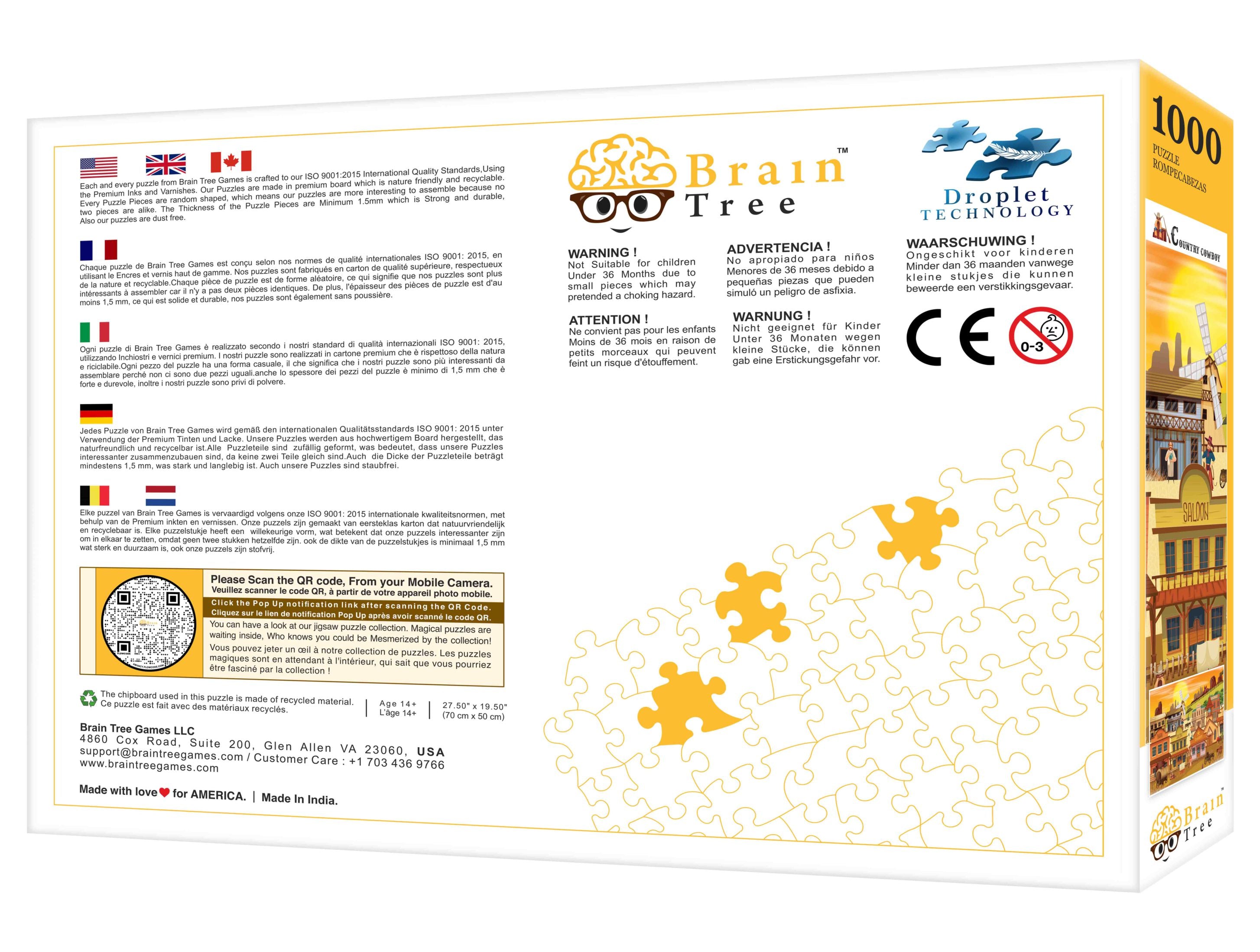 A vibrant 1000 piece jigsaw puzzle depicting country cowboys in a rustic American landscape, showcasing unique shapes and colors.