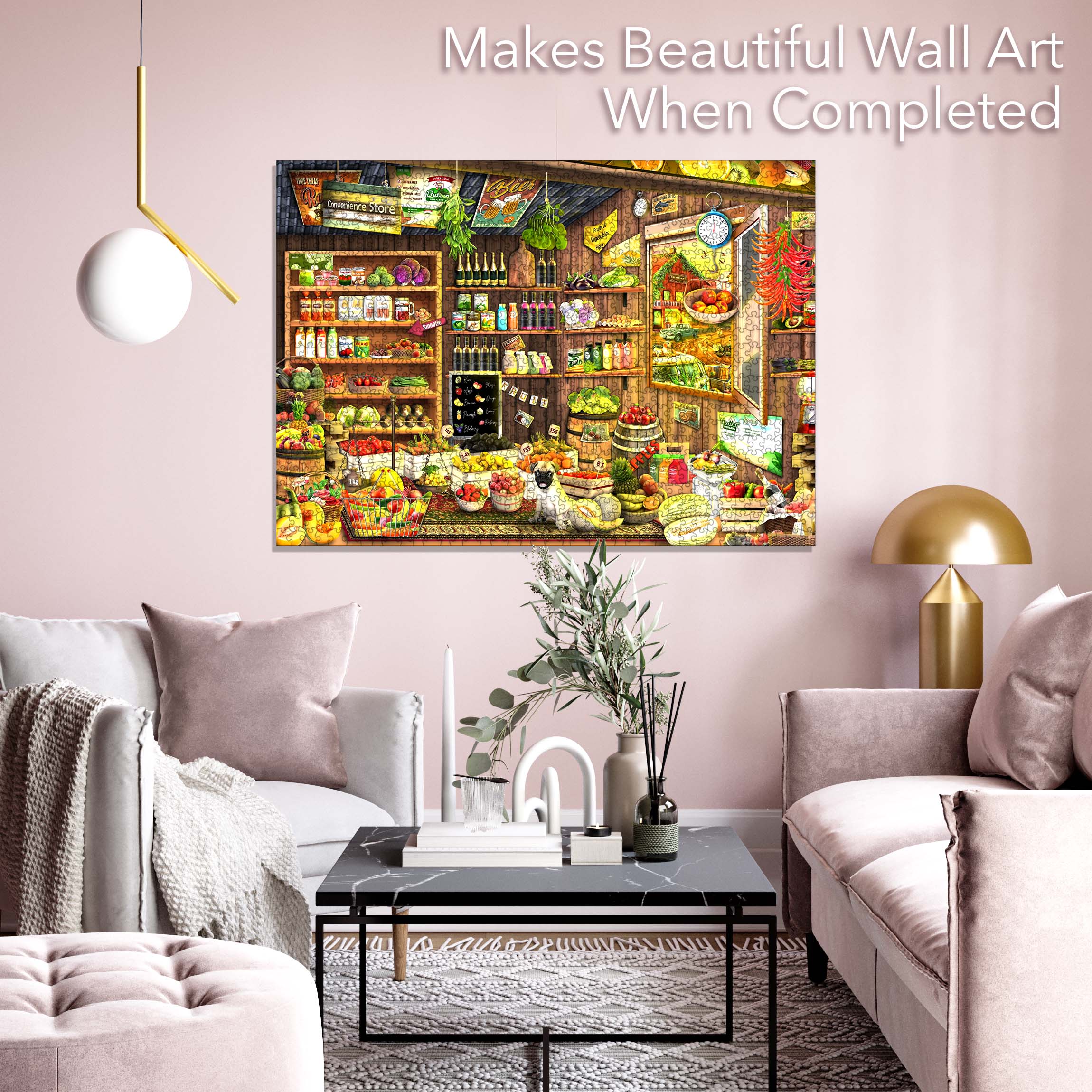 Country Store Jigsaw Puzzle featuring a detailed 80's store scene with fruits and vegetables, showcasing vibrant colors and unique puzzle pieces.