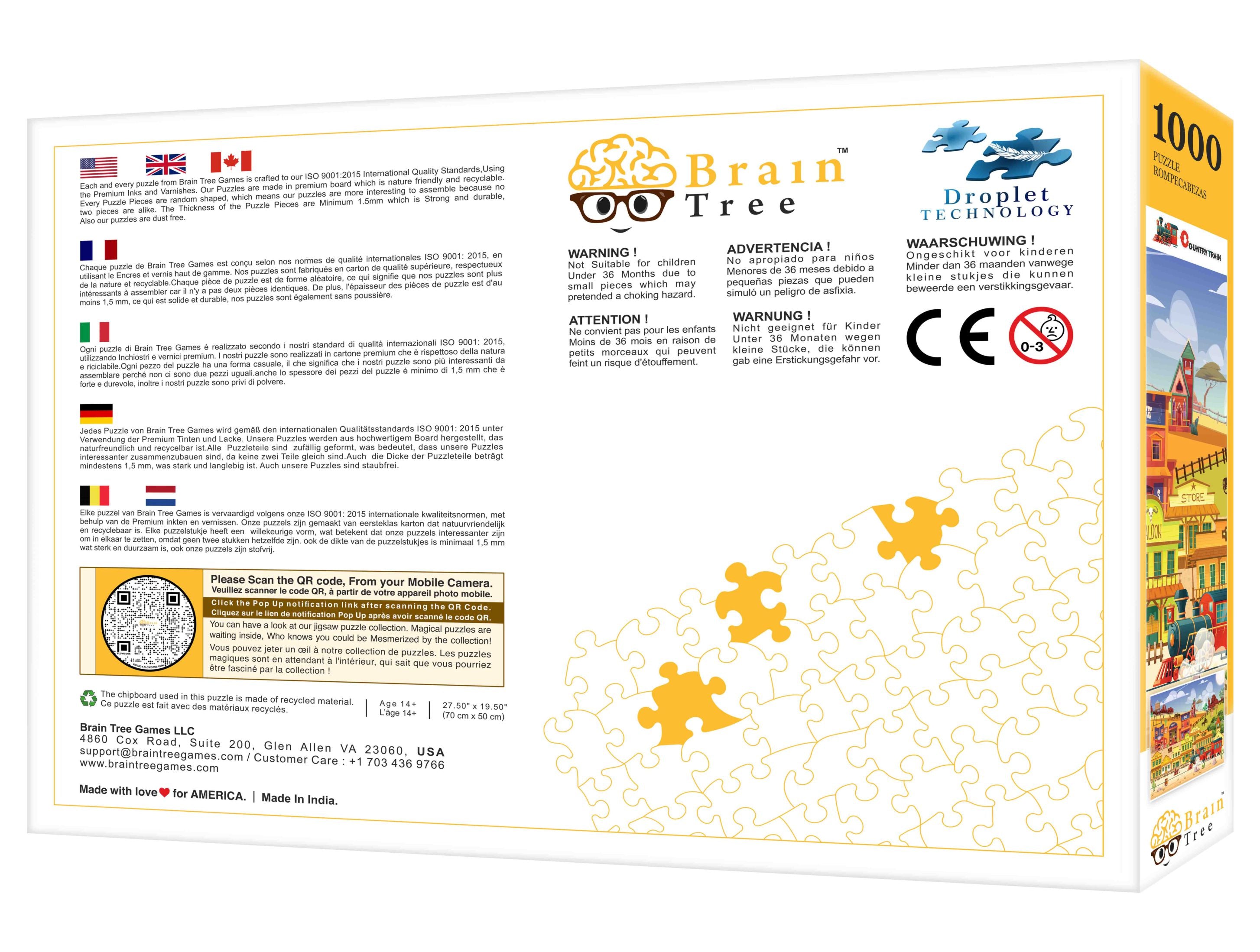 A beautifully designed 1000 piece Country Train Jigsaw Puzzle featuring vibrant train imagery and intricate details, perfect for family fun.