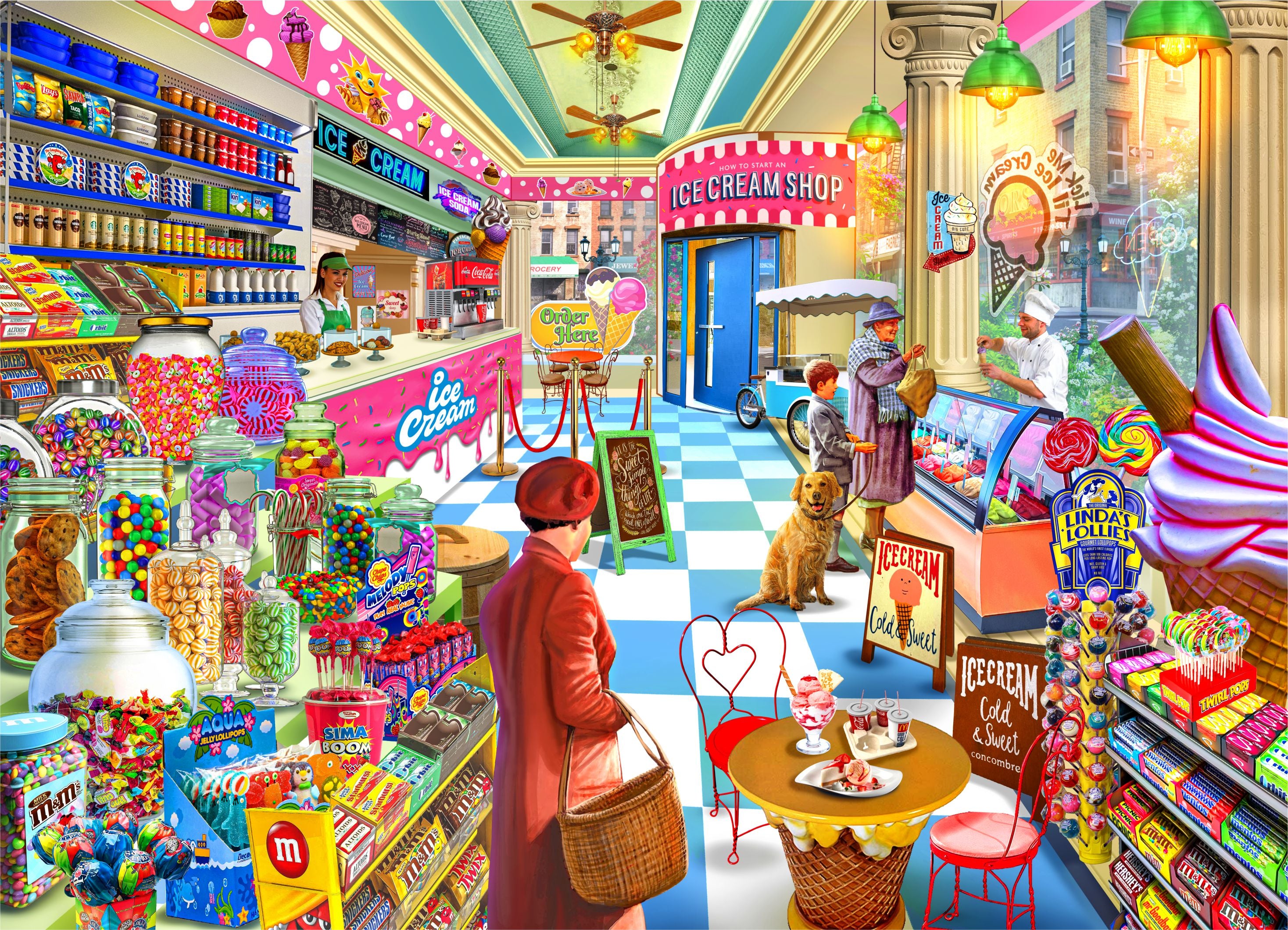 Cream & Ice 1000 Piece Jigsaw Puzzle featuring a nostalgic ice cream store with colorful jars and ice cream flavors.