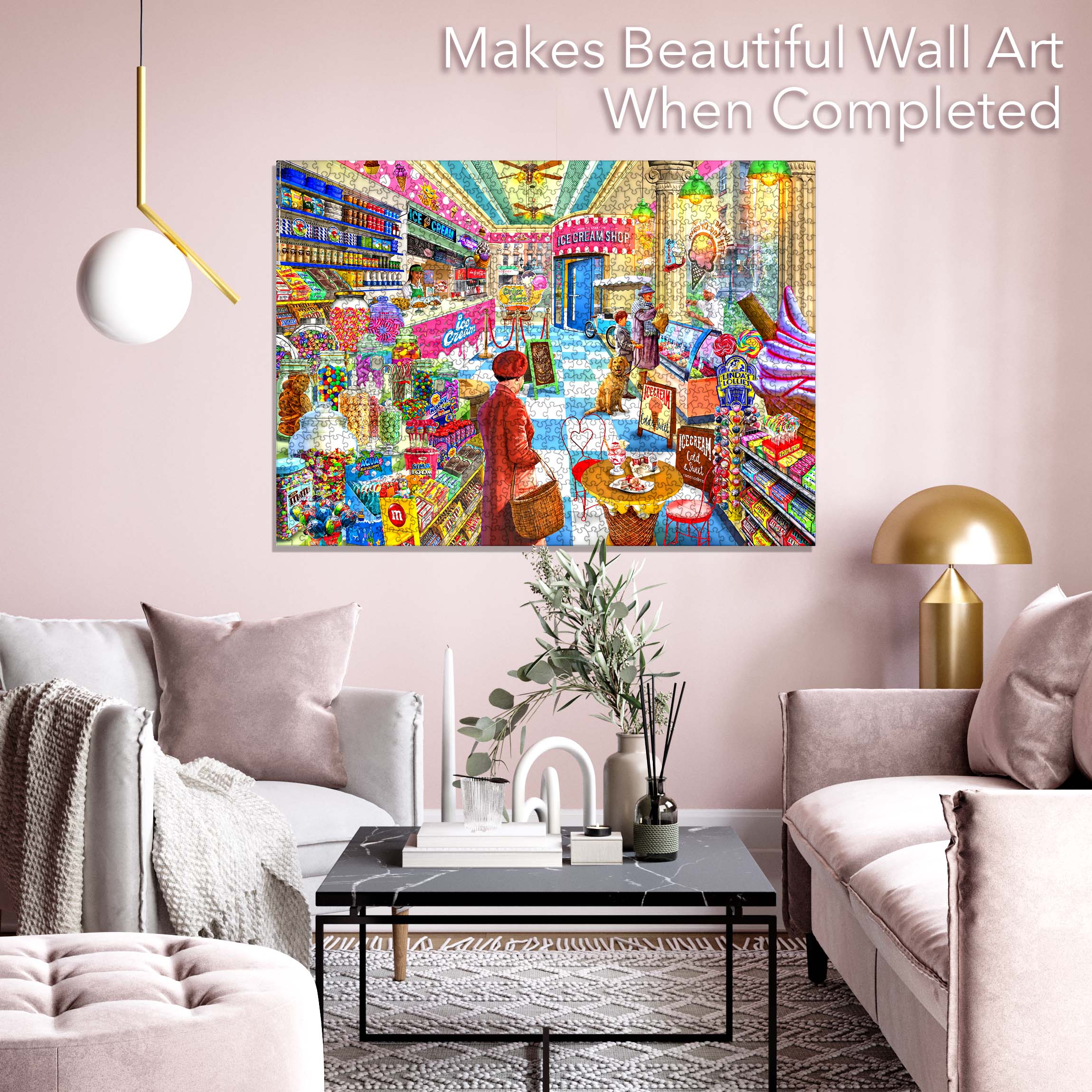 Cream & Ice 1000 Piece Jigsaw Puzzle featuring a nostalgic ice cream store with colorful jars and ice cream flavors.