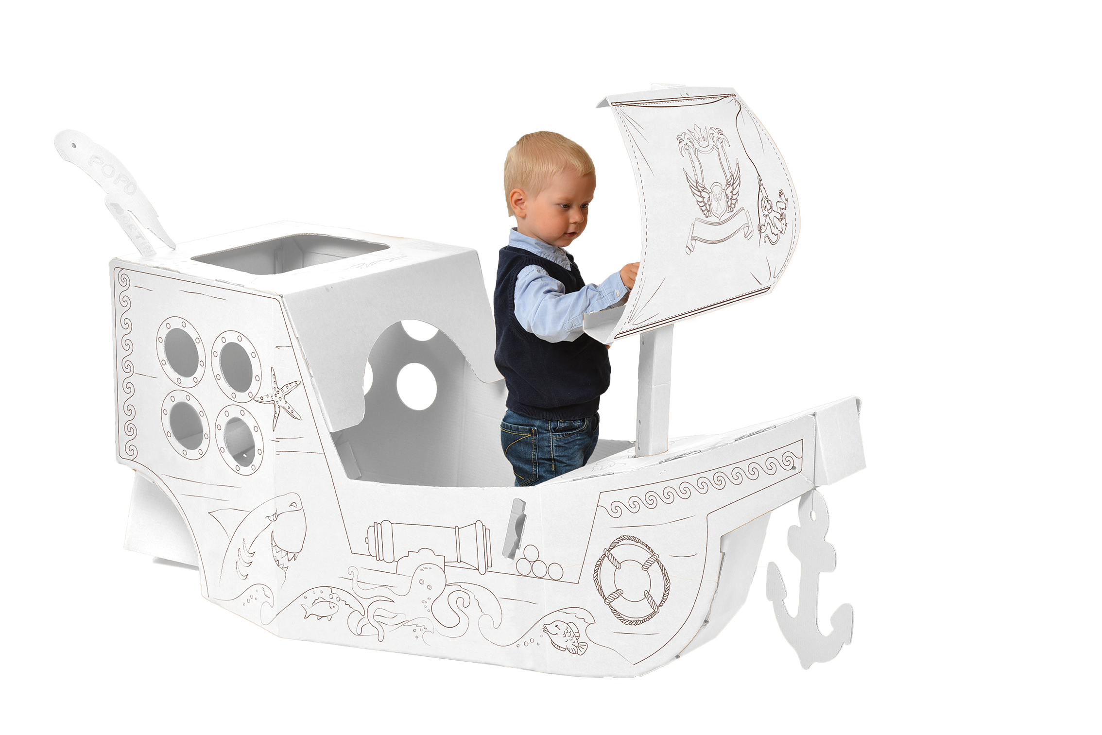 A large DIY cardboard pirate ship for kids, featuring a steering wheel, anchor, and cabin, ready for imaginative play.