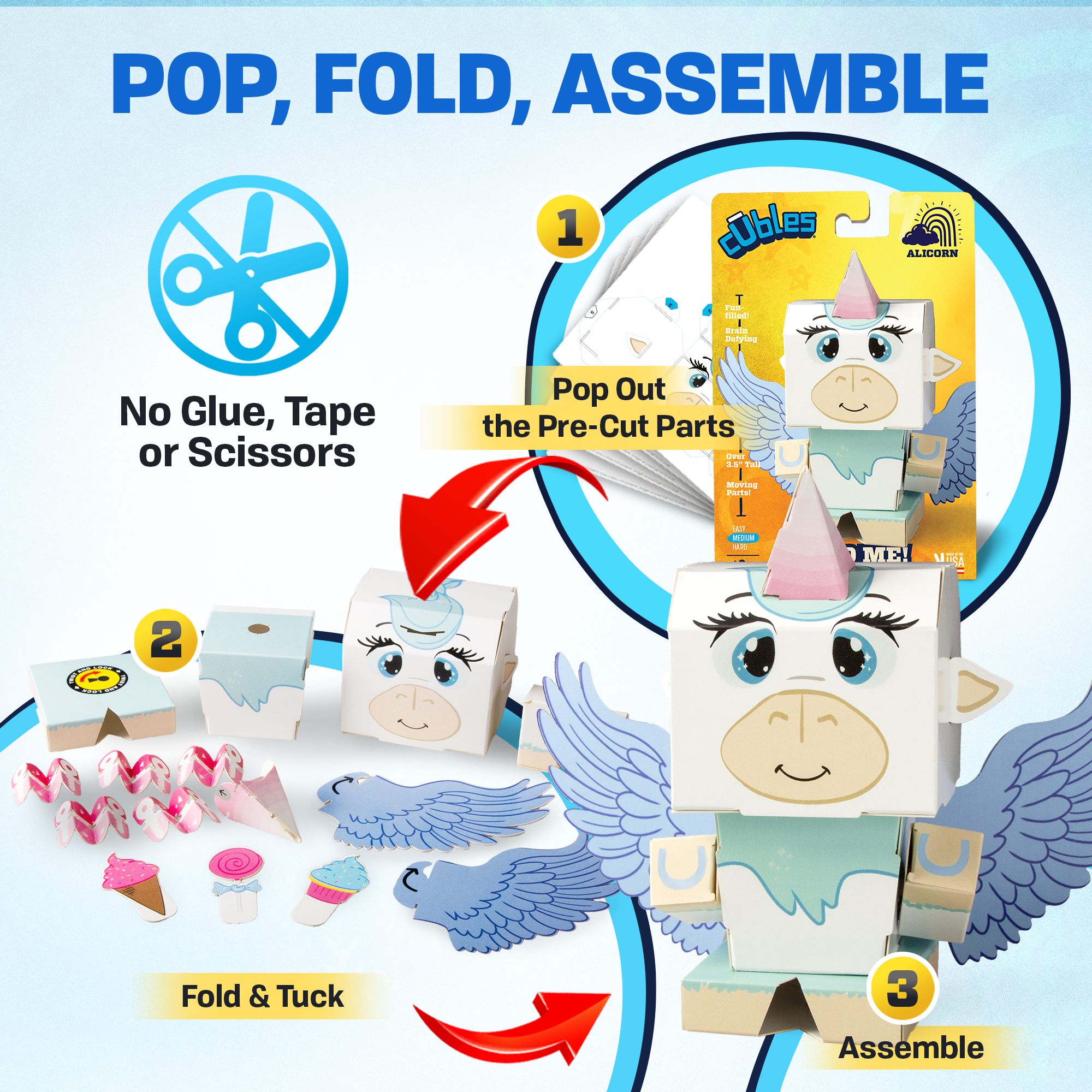 CUBLES Alicorn paper craft kit featuring colorful poseable character pieces for creative play.