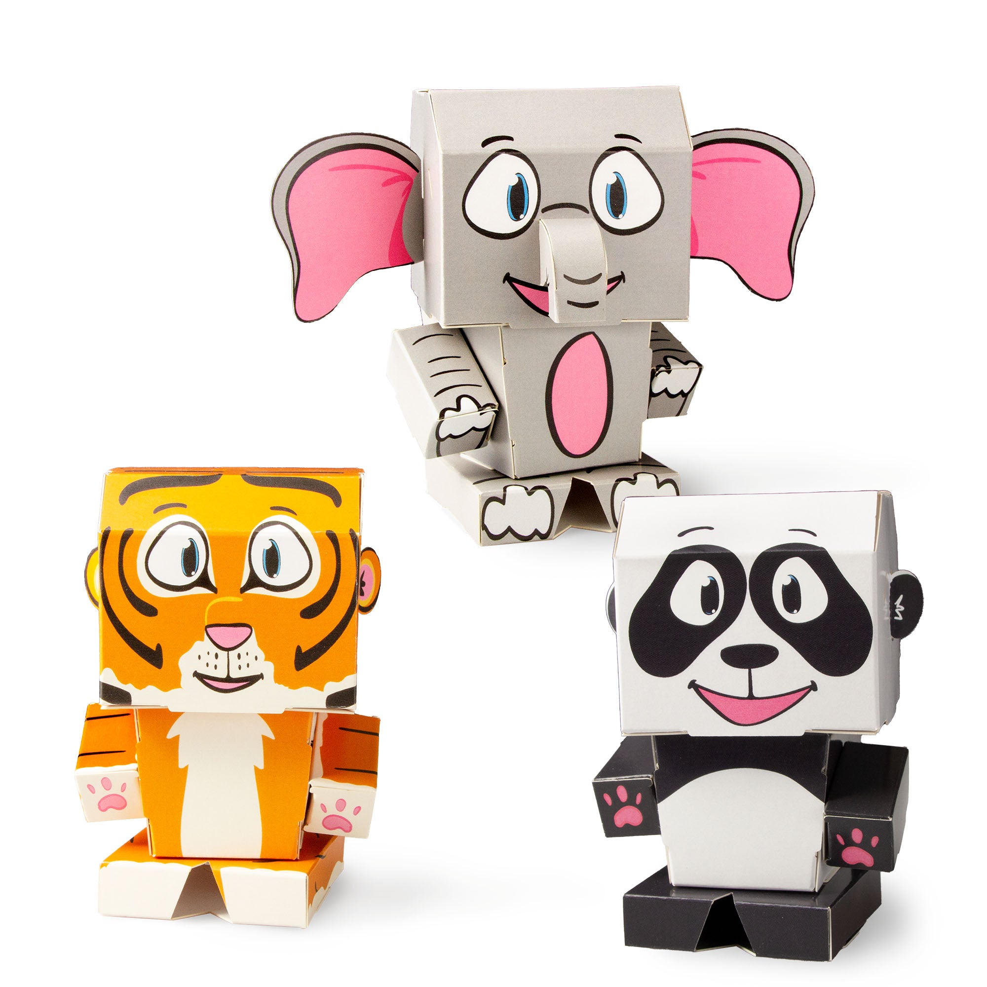 CUBLES Animals Set featuring an Elephant, Tiger, and Panda, showcasing colorful paper craft characters ready for assembly.