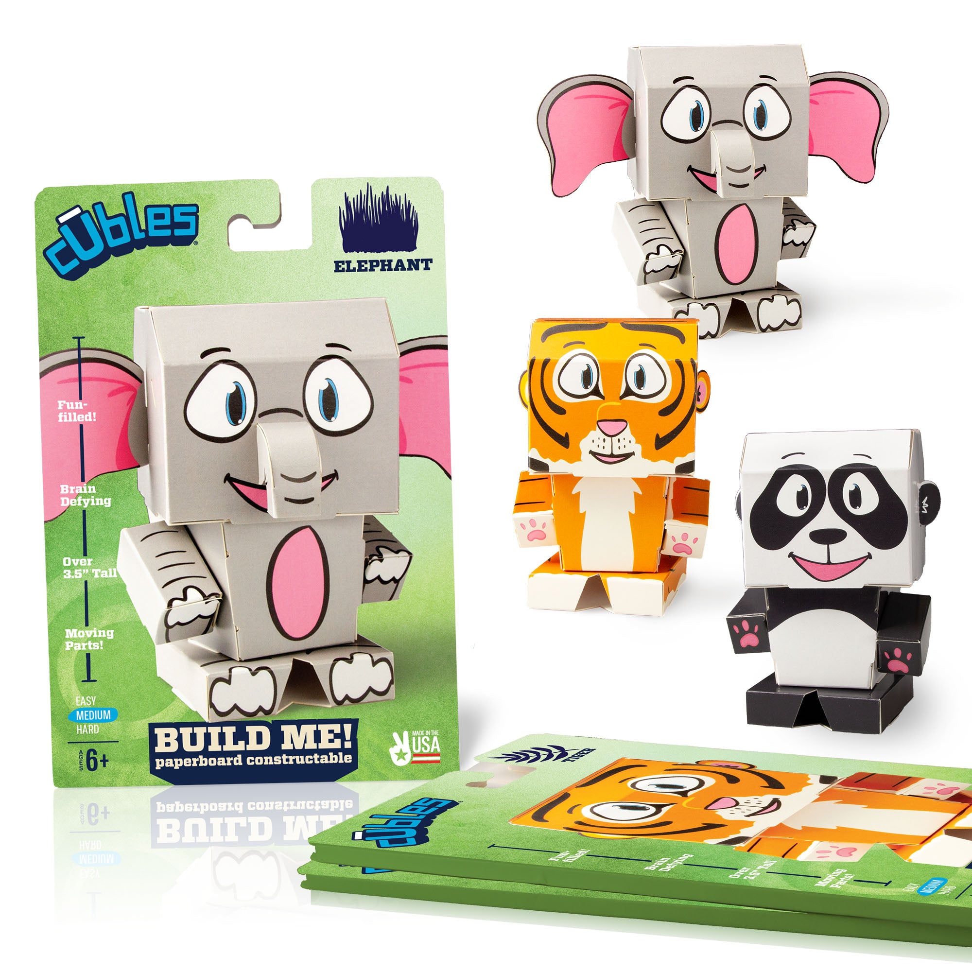 CUBLES Animals Set featuring an Elephant, Tiger, and Panda, showcasing colorful paper craft characters ready for assembly.