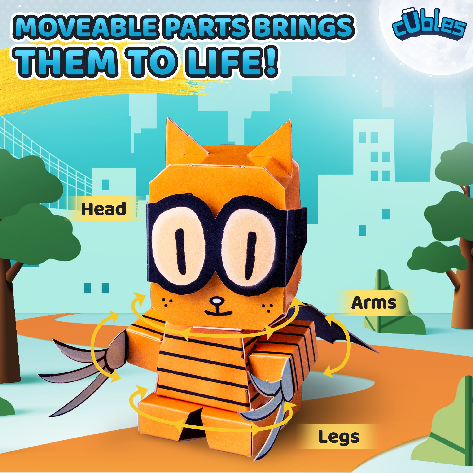 CUBLES Cat Kid paper craft kit featuring poseable character pieces in vibrant colors, designed for children aged 6 and up.