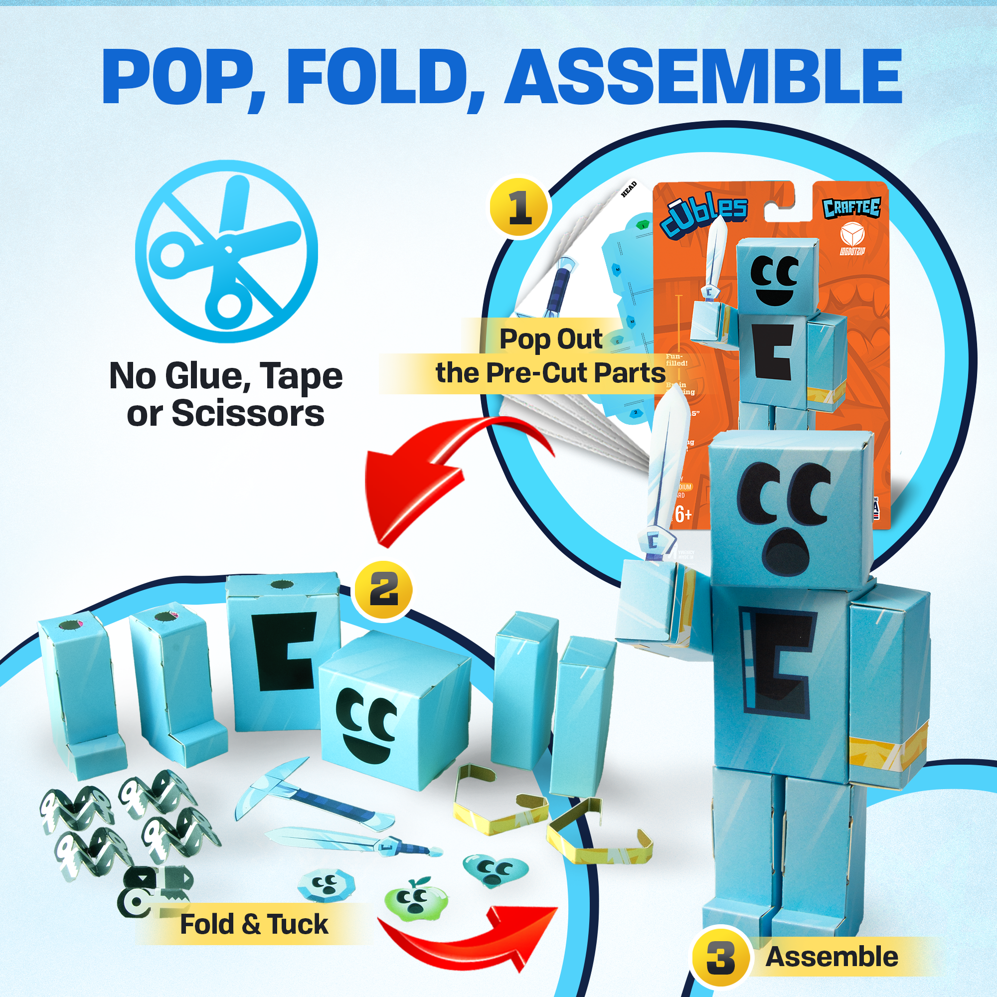 CUBLES Craftee & Logdotzip Set featuring colorful paper craft pieces for imaginative play, designed for children aged 6 and up.