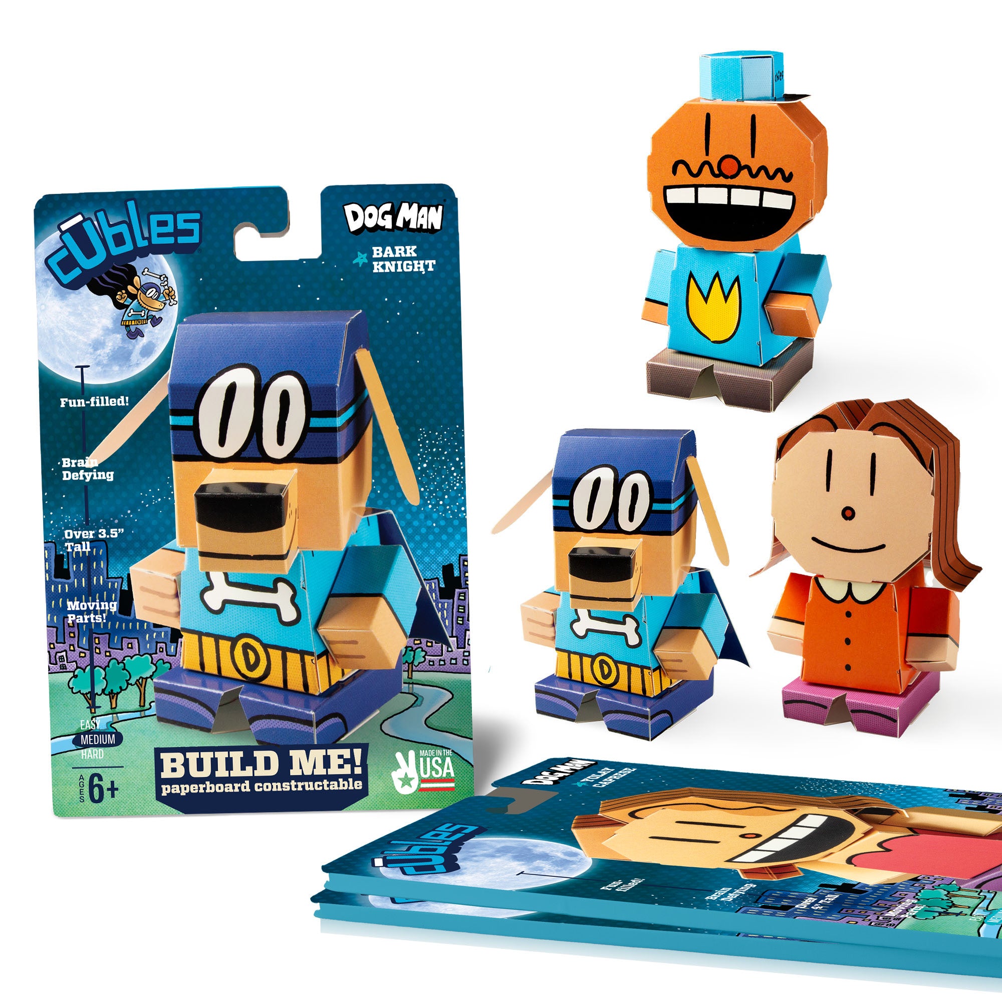 CUBLES Dog Man Set featuring poseable characters Chief, Sarah Hatoff, and Bark Knight, made from eco-friendly paperboard.