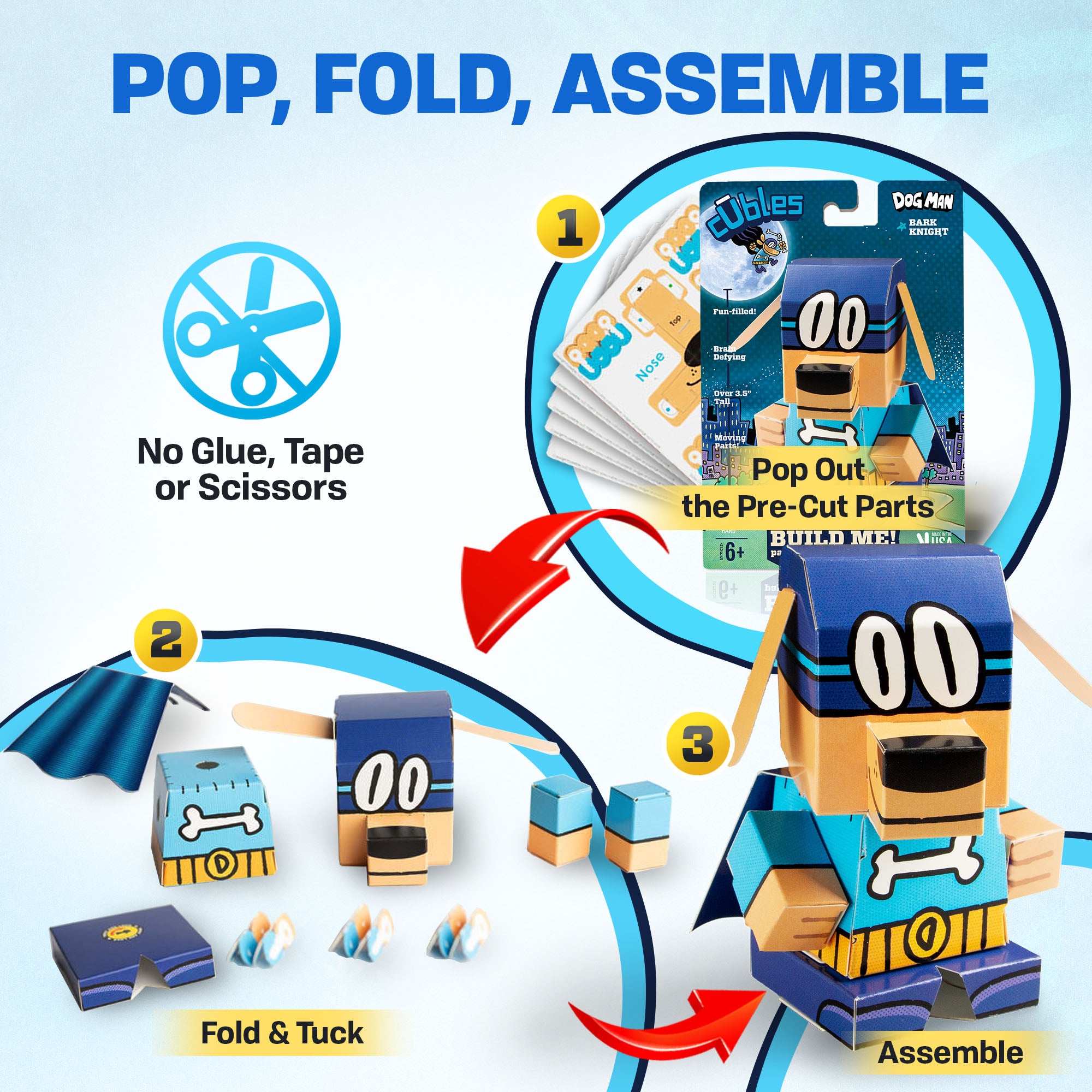 CUBLES Dog Man Set featuring poseable characters Chief, Sarah Hatoff, and Bark Knight, made from eco-friendly paperboard.