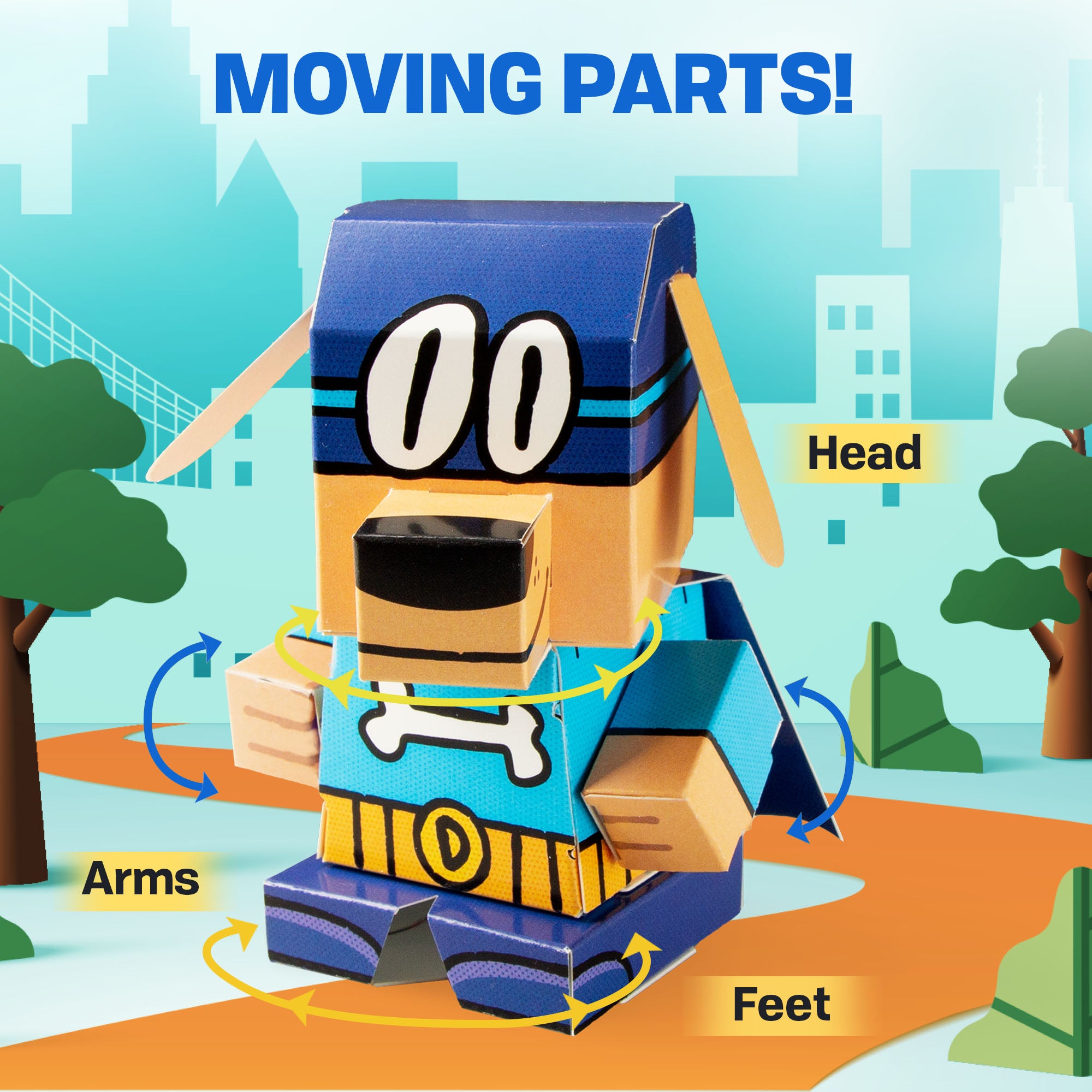 CUBLES Dog Man Set featuring poseable characters Chief, Sarah Hatoff, and Bark Knight, made from eco-friendly paperboard.