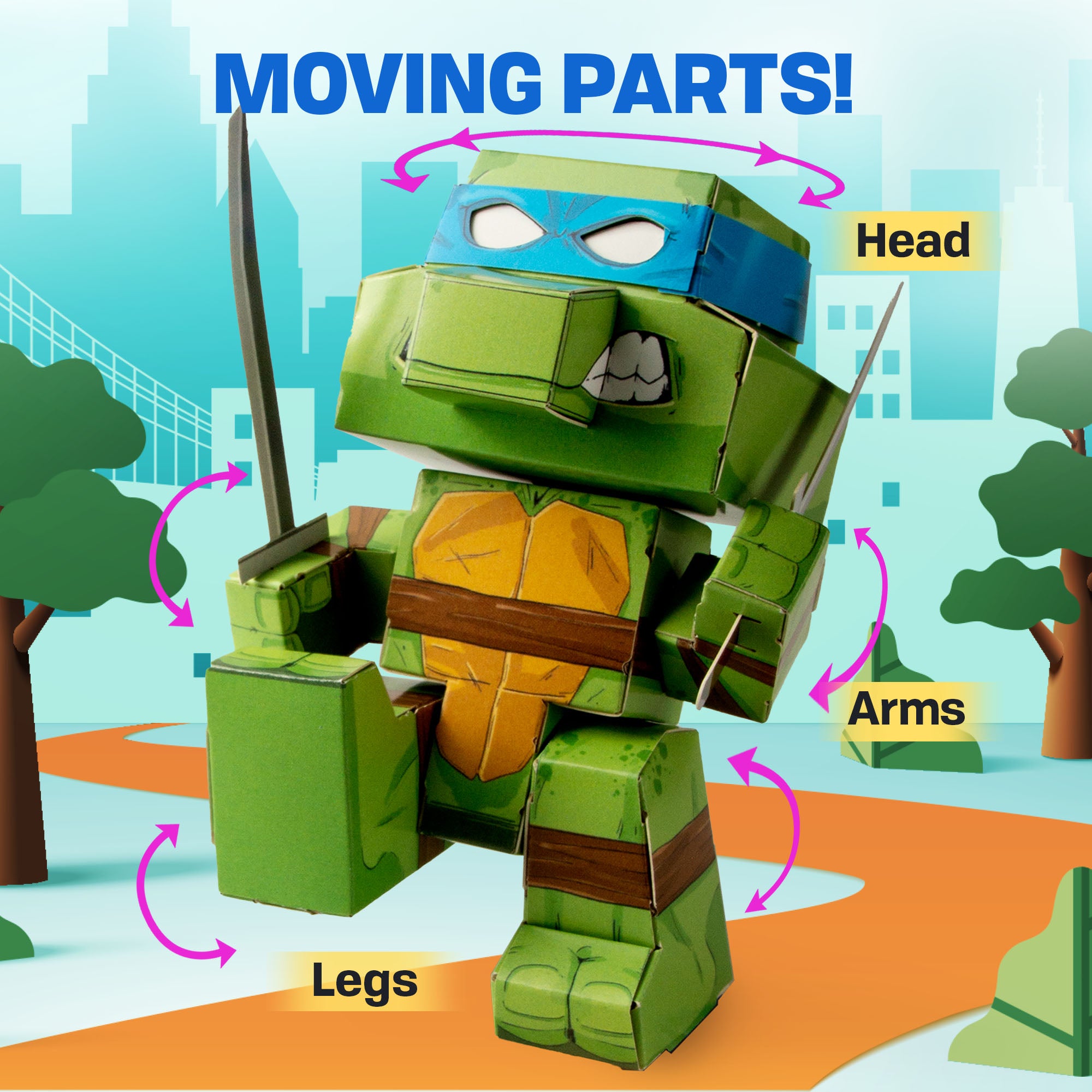 CUBLES Modern Teenage Mutant Ninja Turtles Leonardo paper craft kit showcasing colorful pieces ready for assembly.