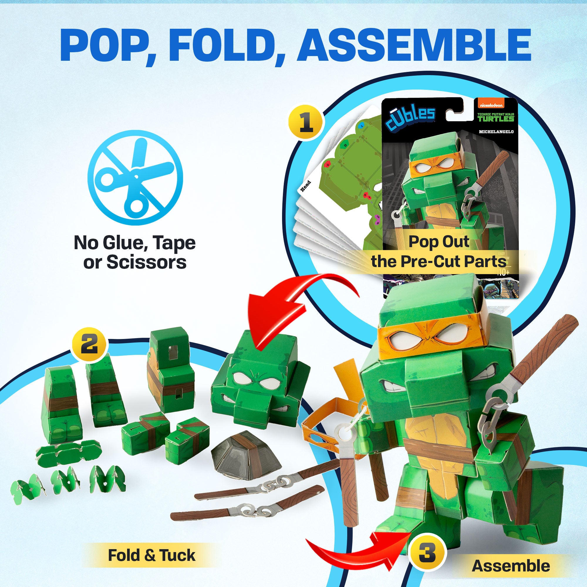 CUBLES Modern Teenage Mutant Ninja Turtles Michelangelo paper craft kit featuring precision-cut pieces for assembly.