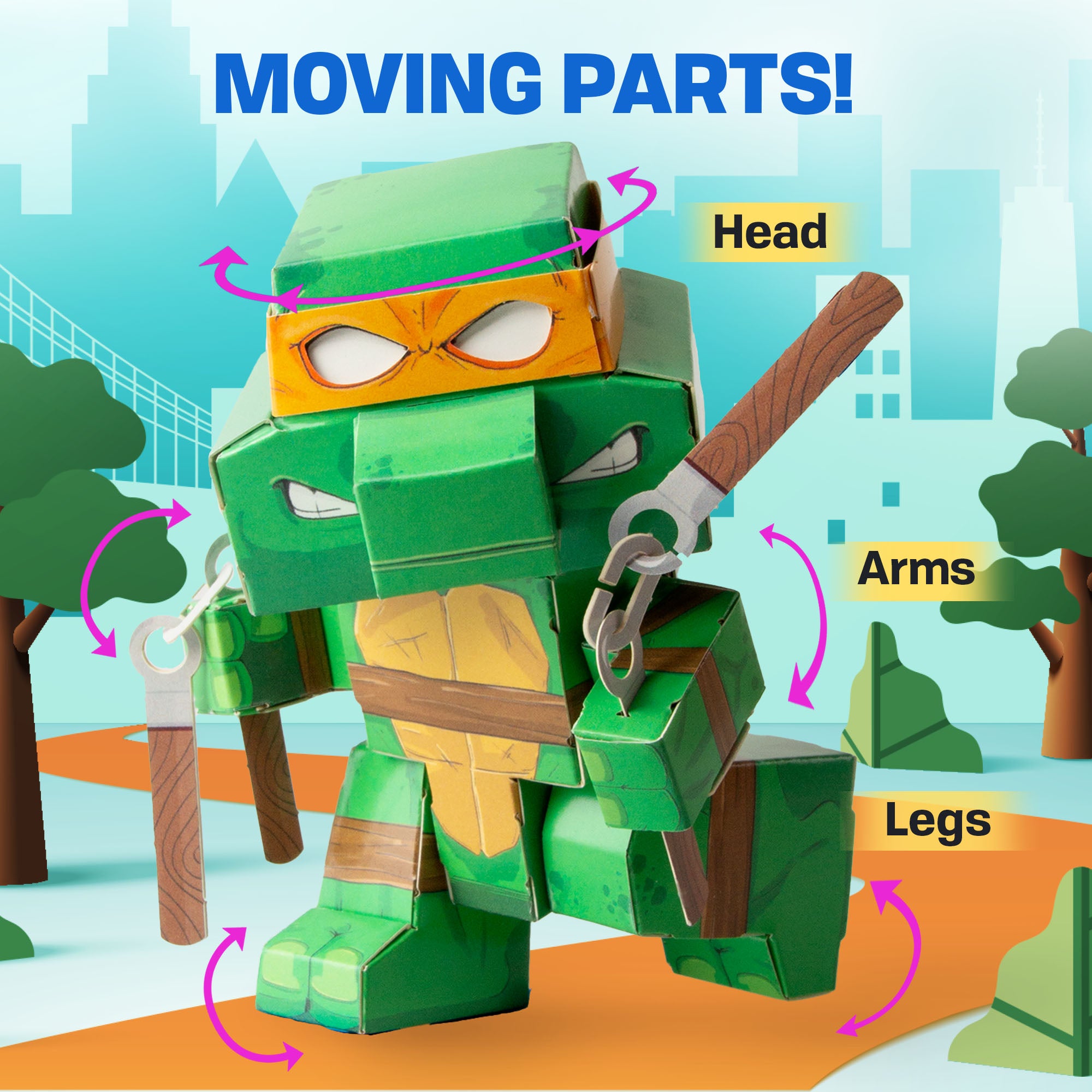 CUBLES Modern Teenage Mutant Ninja Turtles Michelangelo paper craft kit featuring precision-cut pieces for assembly.