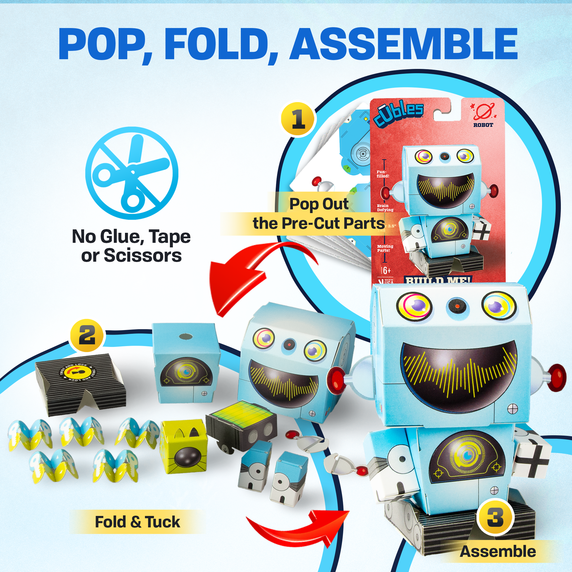 CUBLES Robot paper craft kit featuring colorful poseable characters for creative play.