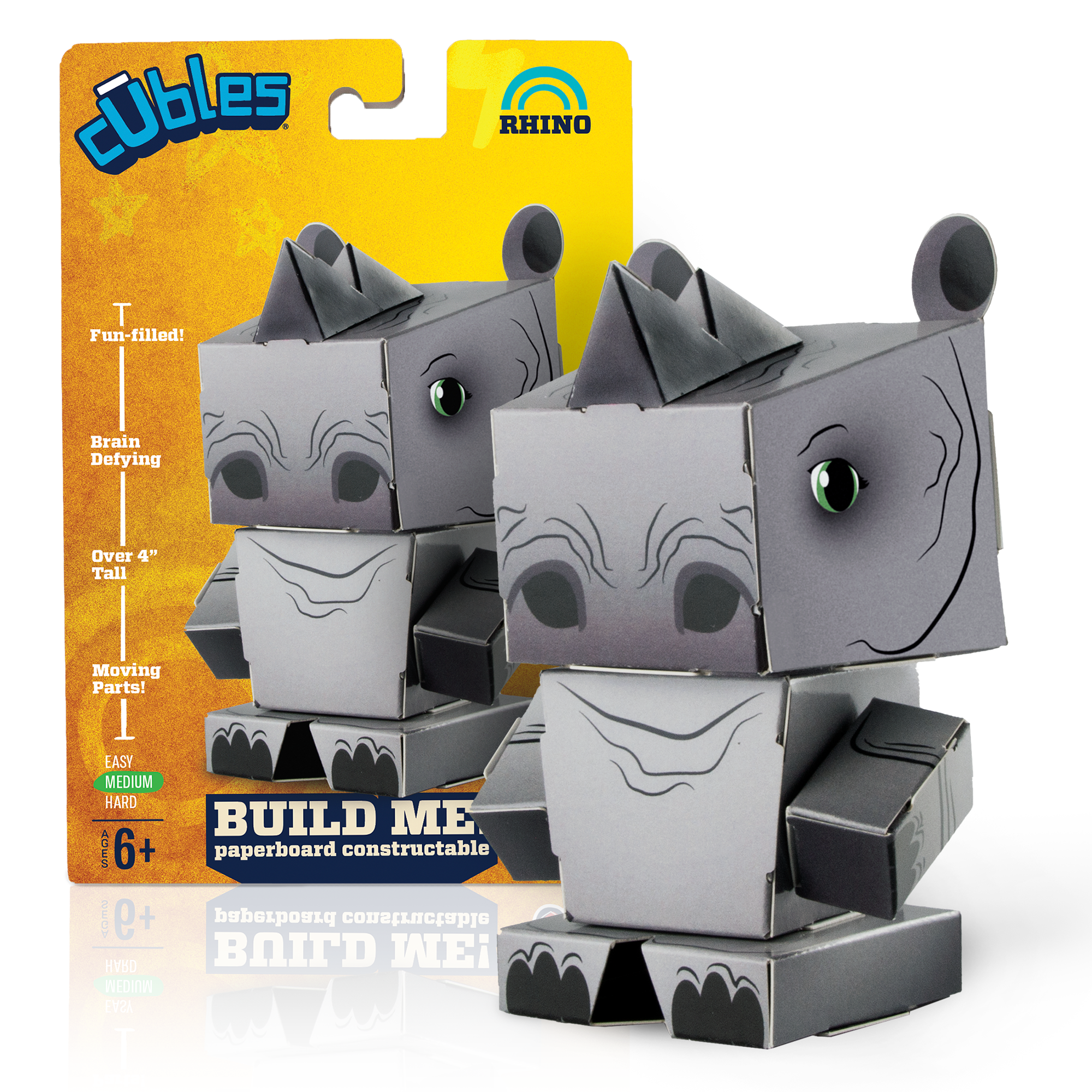 CUBLES Safari Animals - Rhino paper craft kit featuring precision-cut pieces for easy assembly, showcasing a colorful and poseable rhino character.