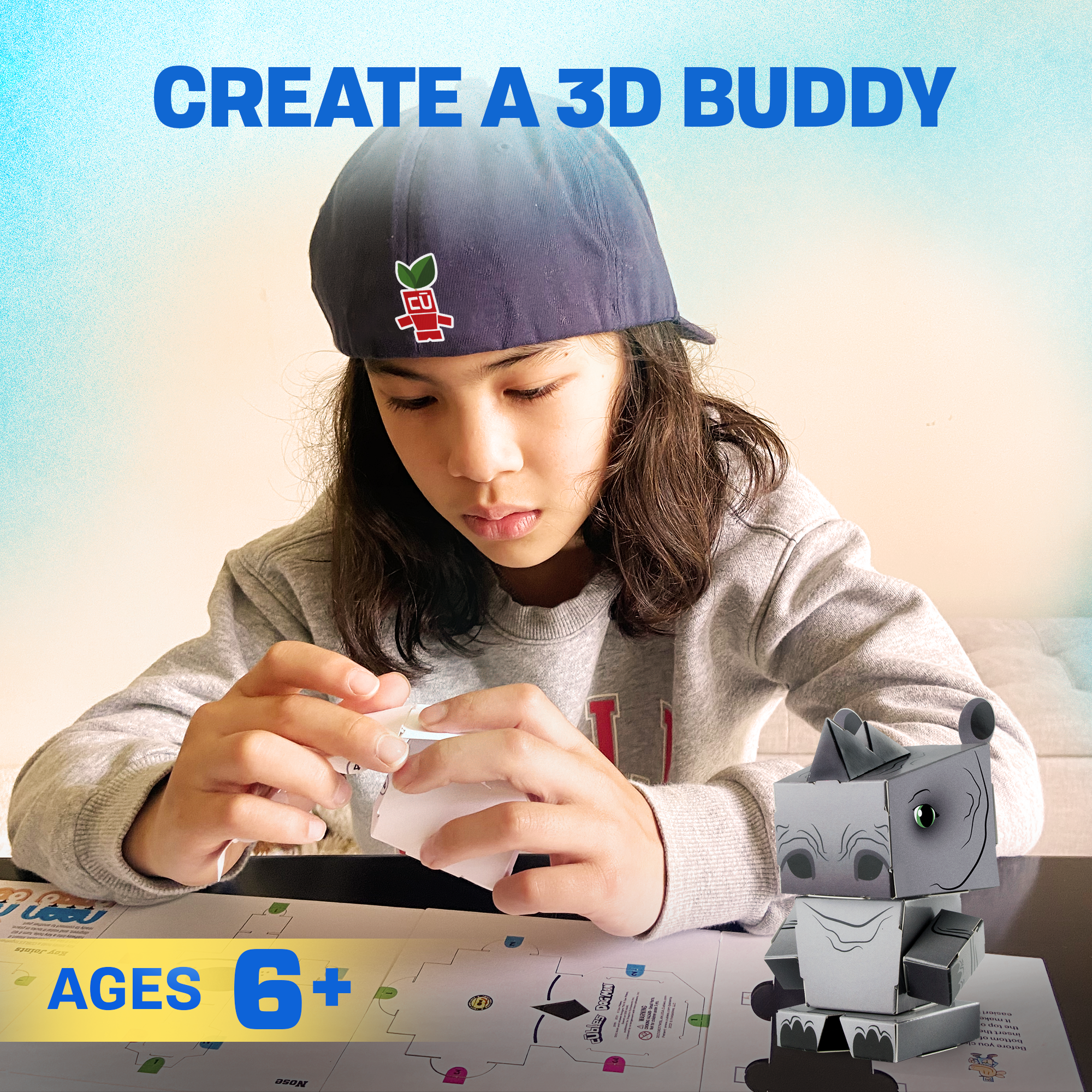 CUBLES Safari Animals - Rhino paper craft kit featuring precision-cut pieces for easy assembly, showcasing a colorful and poseable rhino character.